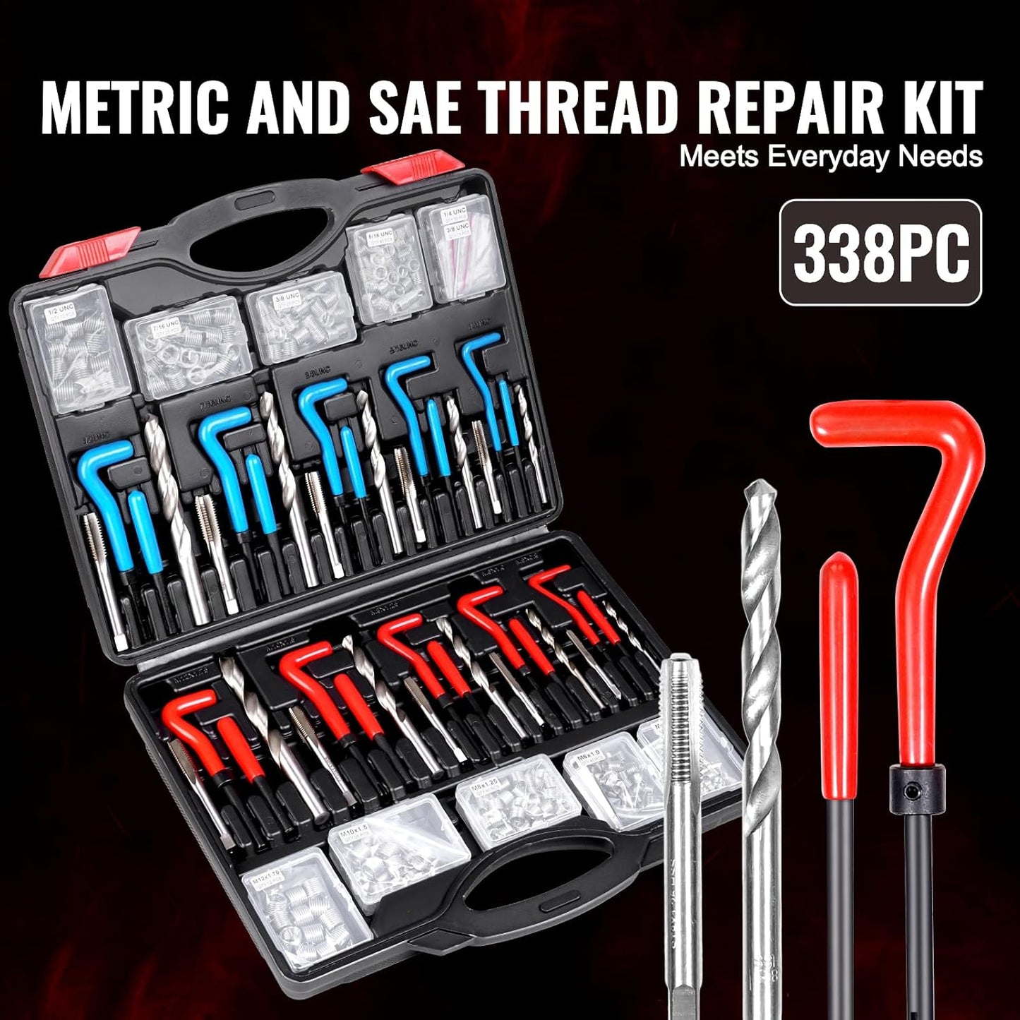 VEVOR Helicoil Thread Repair Kit-338-Piece SAE HSS Drill Inserts Taps & Tools M5,M6,M8,M10,M12,1/4",5/16",3/8",7/16",1/2" Rethreading Tool Kit Insertion Rethreading Tools Universal Rethread Restorer