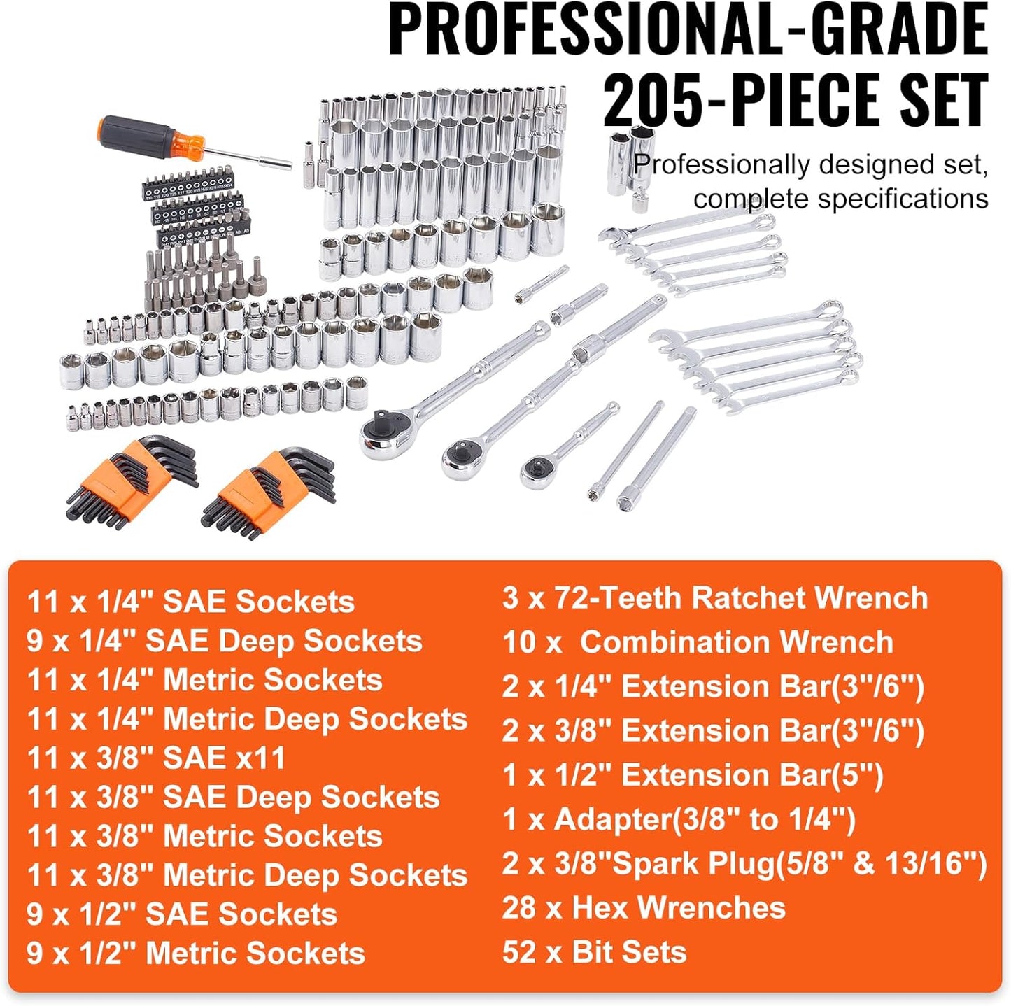 VEVOR Mechanics Tool Set, 1/4" & 3/8"& 1/2" Drive Deep and Standard Sockets, SAE/Metric 205 Pcs Mechanic Tool Kit with Bits, Combination Wrench, Hex Wrenches, Accessories, Storage Case