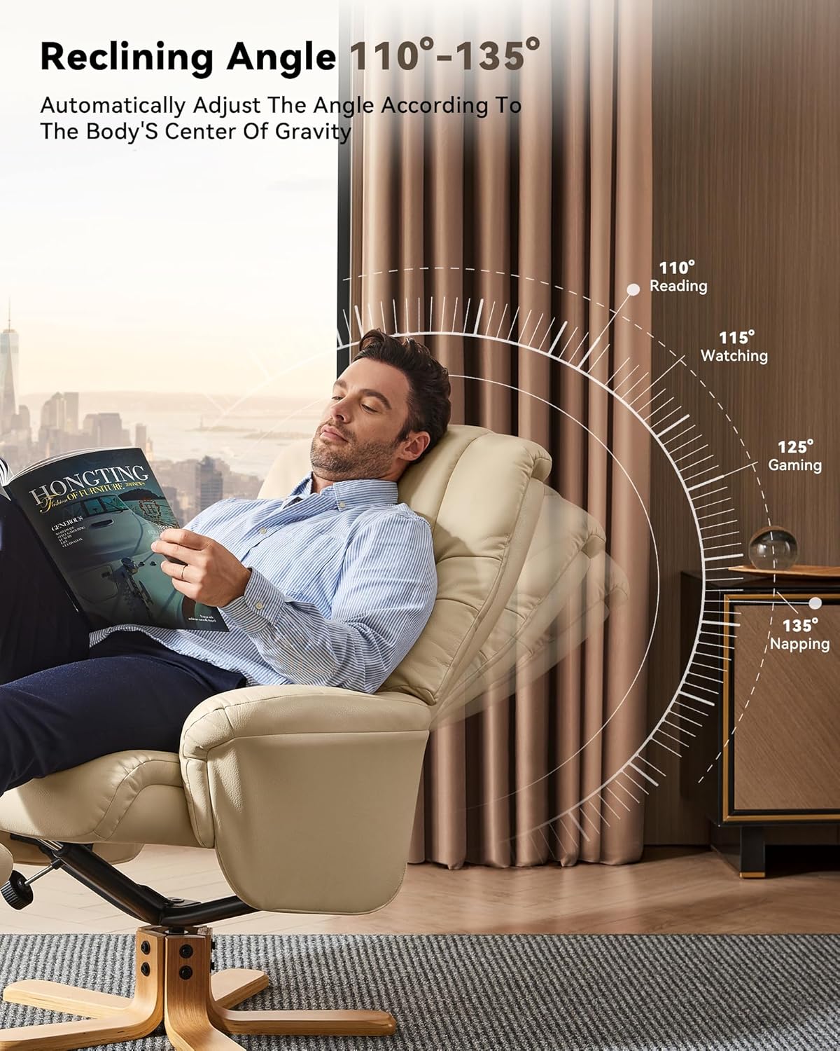 BedsPick Recliner Chair with Ottoman, 360° Swivel Reclining for Living Room Bedroom Office Rv Small Space, Comfy Modern Accent Arm Chairs, Faux Leather (Beige)
