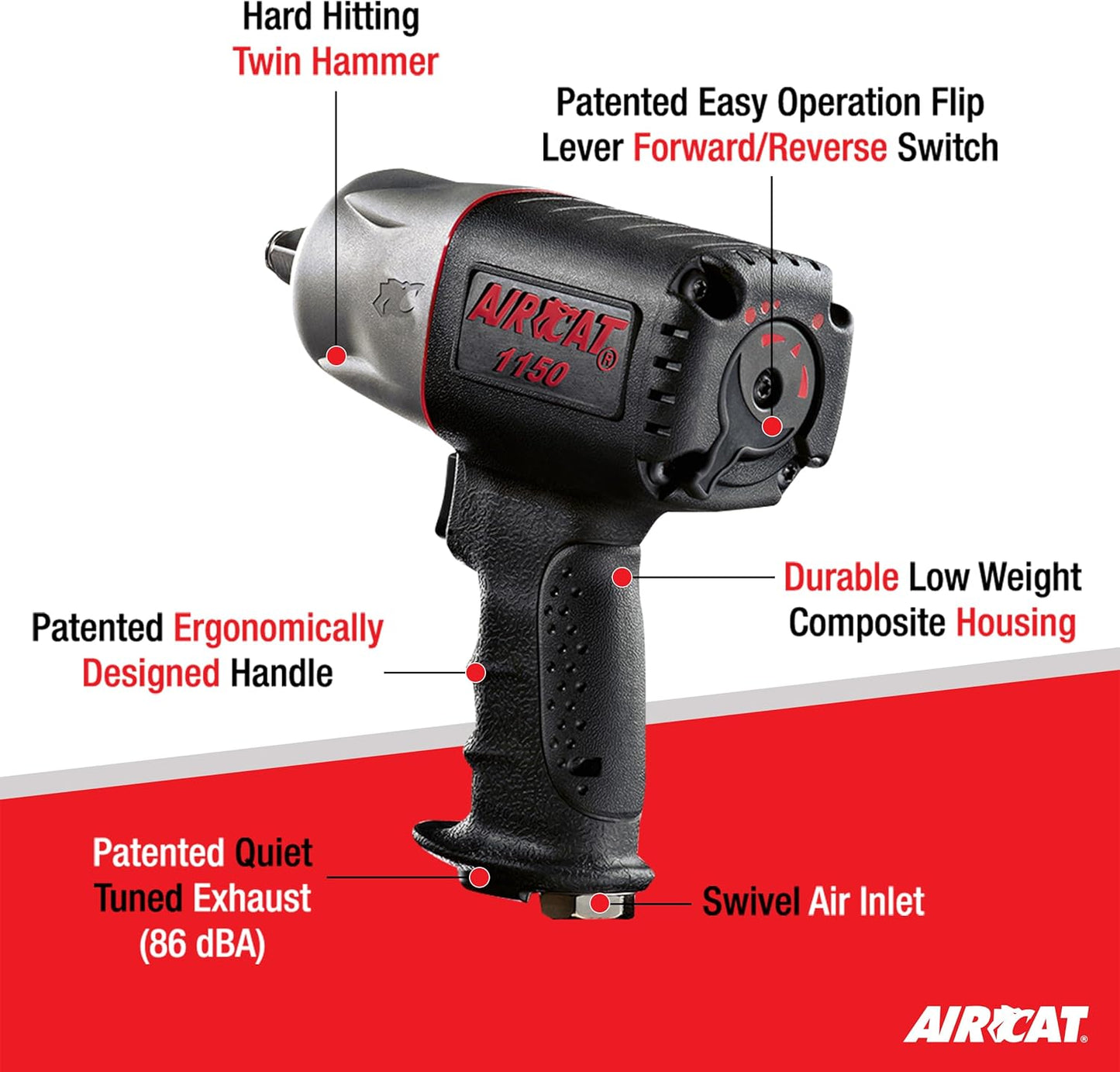 AIRCAT Pneumatic Tools 1150 1/2-Inch Composite Impact Wrench - Compact & Low Weight - Impact Tool for Automotive Repairs & Maintenance