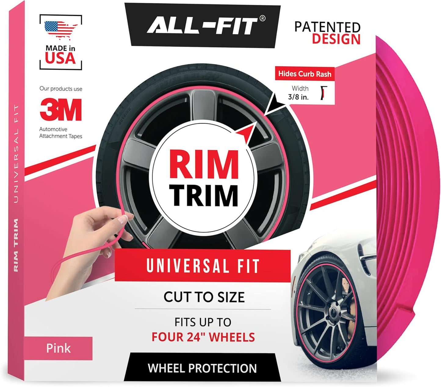 All-Fit Automotive Rim Trim – Durable DIY Car Exterior Accessories for Curb Rash Protection – Fits Up to Four 24” Wheels – Flexible, Durable Wheel Rim Protector (3/8″ width/Red)