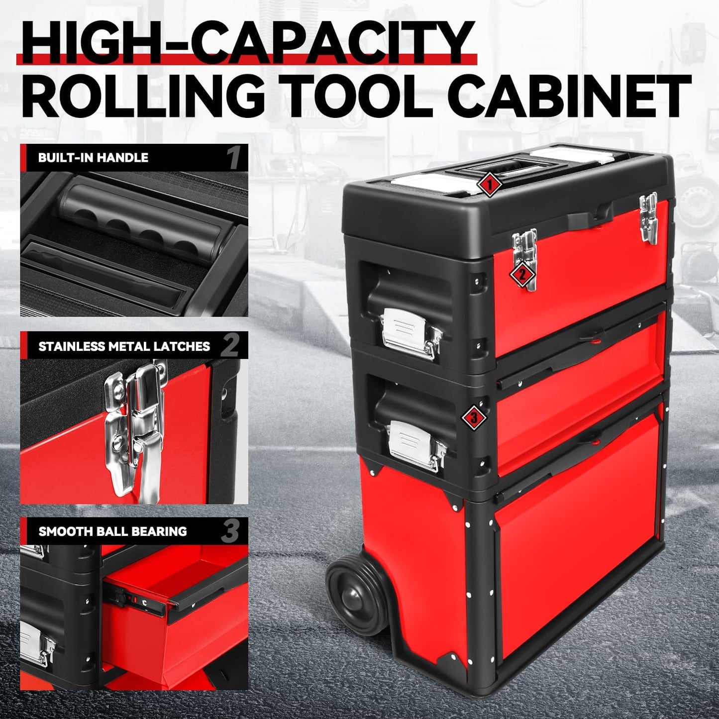 Auto Dynasty Stackable Tool Box 3-Tier Tool Separate Organizer Rolling Tool Chest with Wheels 3-in-1 Upright Trolley Tool Chest for Garage or Workshop, Red