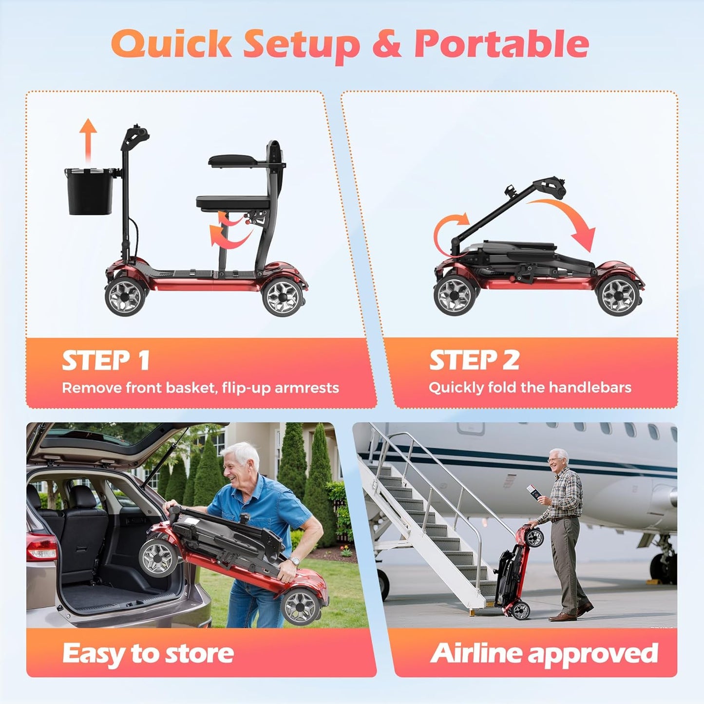 4 Wheel Mobility Scooter for Adults&Seniors - 43lb Lightweight Portable Motorized Scooters 300 lb Capacity, Foldable Travel Mobility Scooters with Removable Battery, Dual Basket, Red