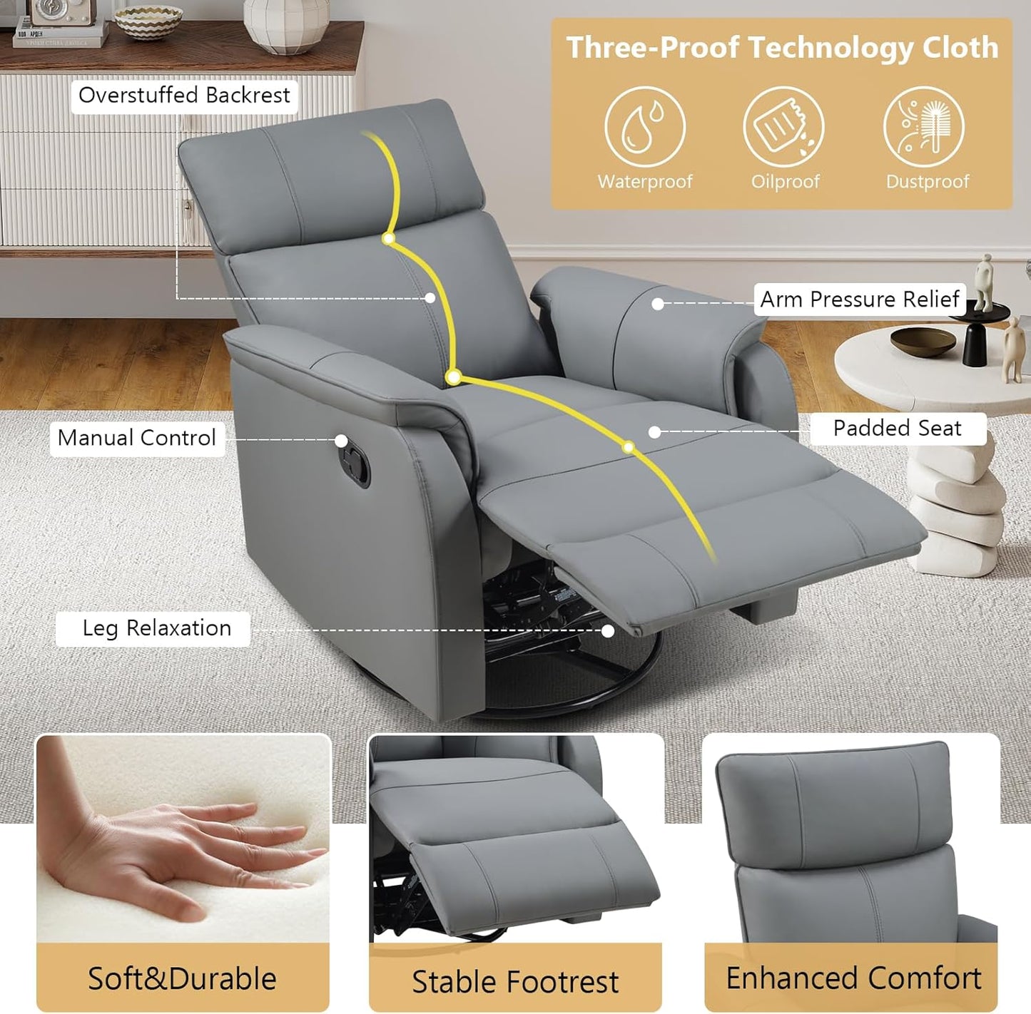ANJ Recliner Chair, Swivel Rocker Chair for Adults,Glider Recliner Nursery Chair, Leather Manual Lazy Boy Reclining Chairs for Living Room, Bedroom, Home Office