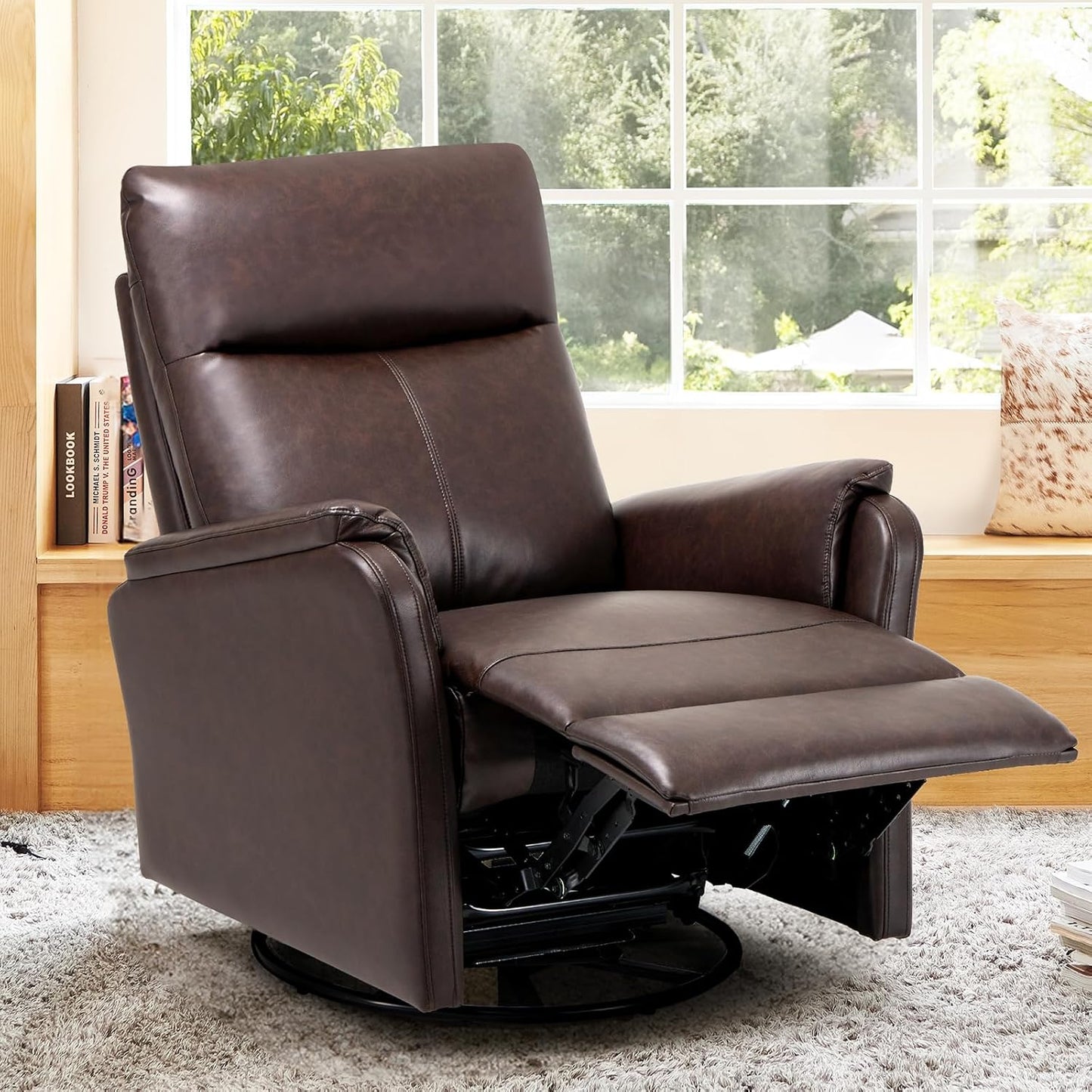 Swivel Rocking Recliner Glider Chair, Leather Reclining Rocker Chair with Footrest for Living Room, Nursery, Office, Bedroom, Ergonomic High Backrest, Wide Seat Cushion and Metal Base-Cocoa