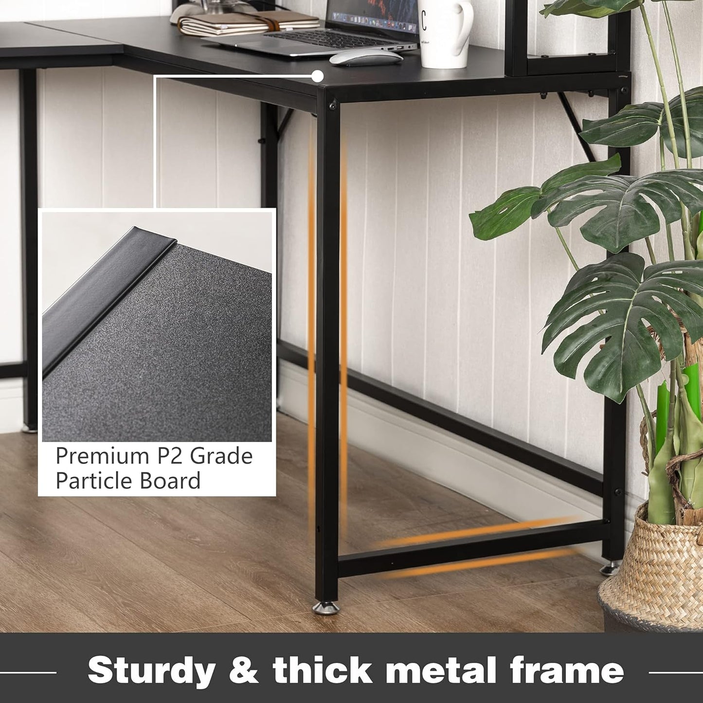 Becko US L Shaped Desk with Hutch, 56 Inch Corner Computer Desk, Home Office Writing Desk with Storage Shelves, Space Saving (Black)