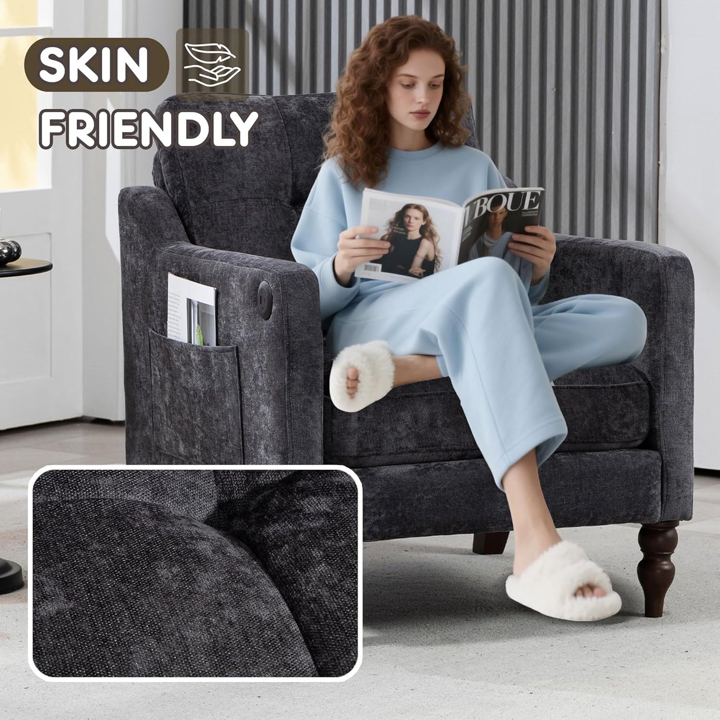 Ball & Cast Mid-Century Accent Chair for Living Room,Reading Chair for Bedroom with USB Ports&Side Pocket,Modern Accent Arm Chair W/Wide Backrest&Retro Wood Legs,Chenille Upholstered Comfy Chair,Gray