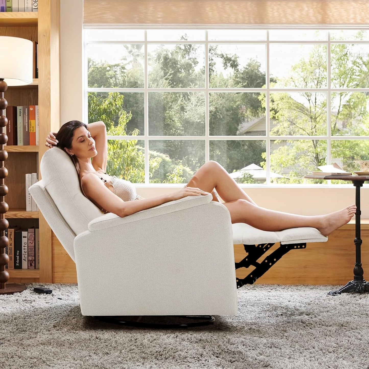Swivel Rocking Recliner Glider Chair, Upholstered Fabric Reclining Rocker Chair with Footrest for Nursery, Living Room, Bedroom-White