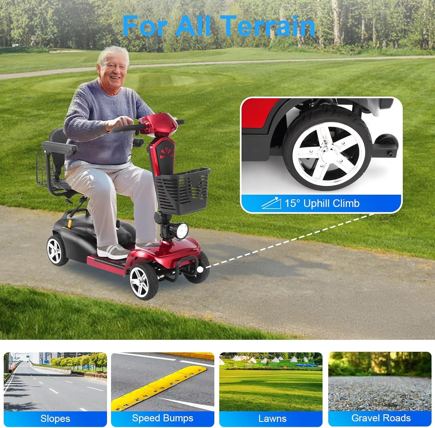 15/30/50Miles Eldryvon EV02 4 Wheels Electric Mobility Scooter for Seniors, Dual Basket, 350W Powered Wheelchair with Rotating Seat, Foldable Motorized Scooter for Adult with USB Port, 300Lbs Capacity