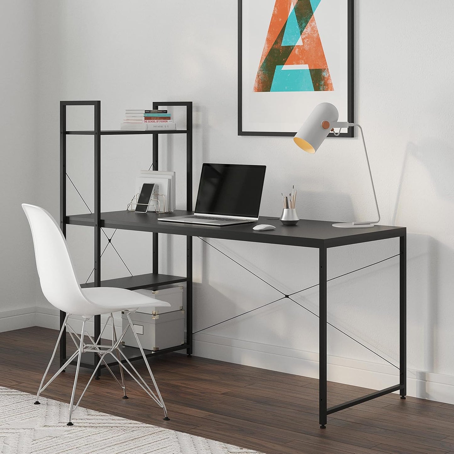 Ames 47" Reversible Gaming Computer Desk with Adjustable Shelves, Home Office Desk, Grommet Cable-Management, Leveler Feet, Easy Assembly, White/White