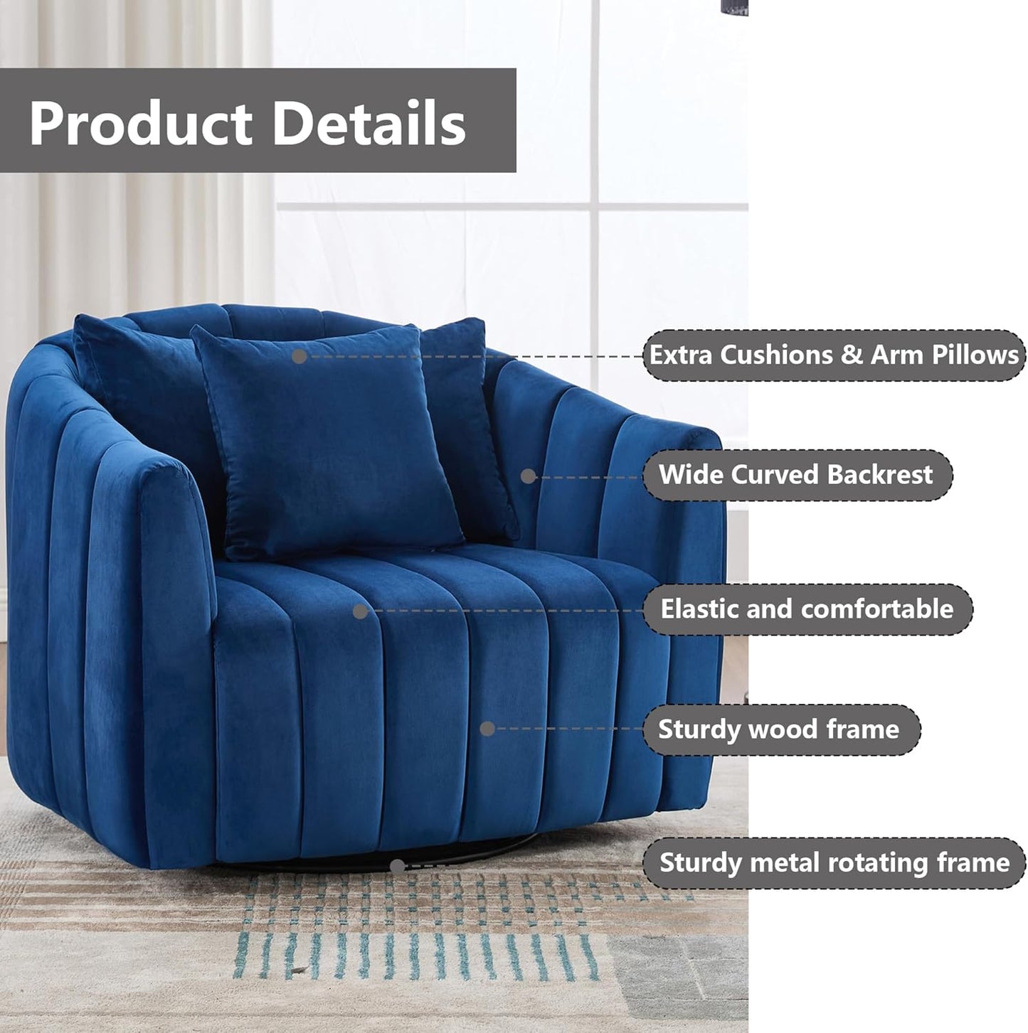 40.35" Oversized Swivel Accent Chairs Navy, with 3 Pillows Velvet Swivel Chairs for Living Room,Modern Barrel Chair