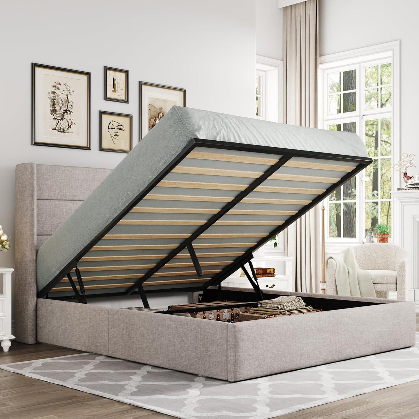 Allewie King Size Lift Up Storage Bed, Modern Wingback Headboard, Hydraulic Support, No Box Spring Needed, Light Beige