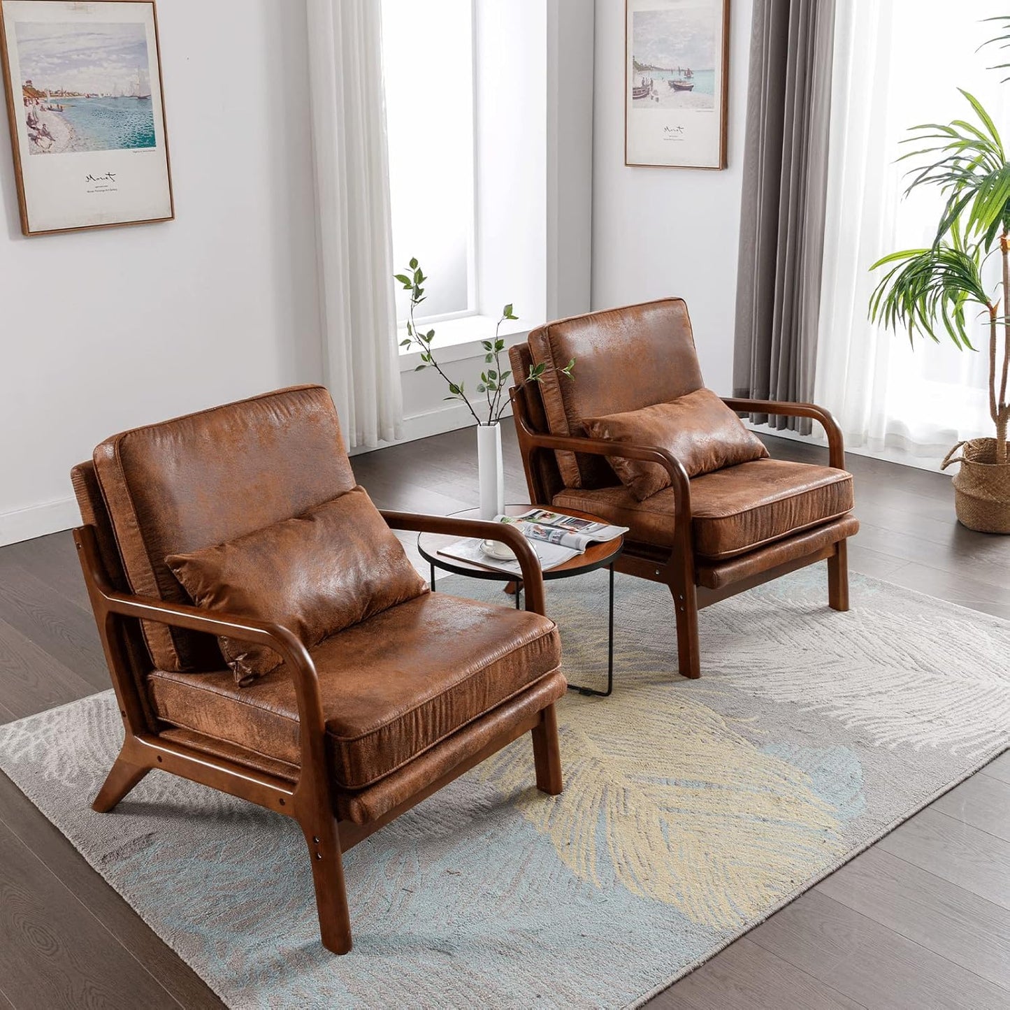 Accent Chair Set of 2- Mid-Century Modern Chairs Living Room Furniture Set Bedroom Reading, Solid Wood Arm Chair Lumber Pillow, Comfy Cushion Ergonomic Lounge Armchair Brown Leather Office Side Chair