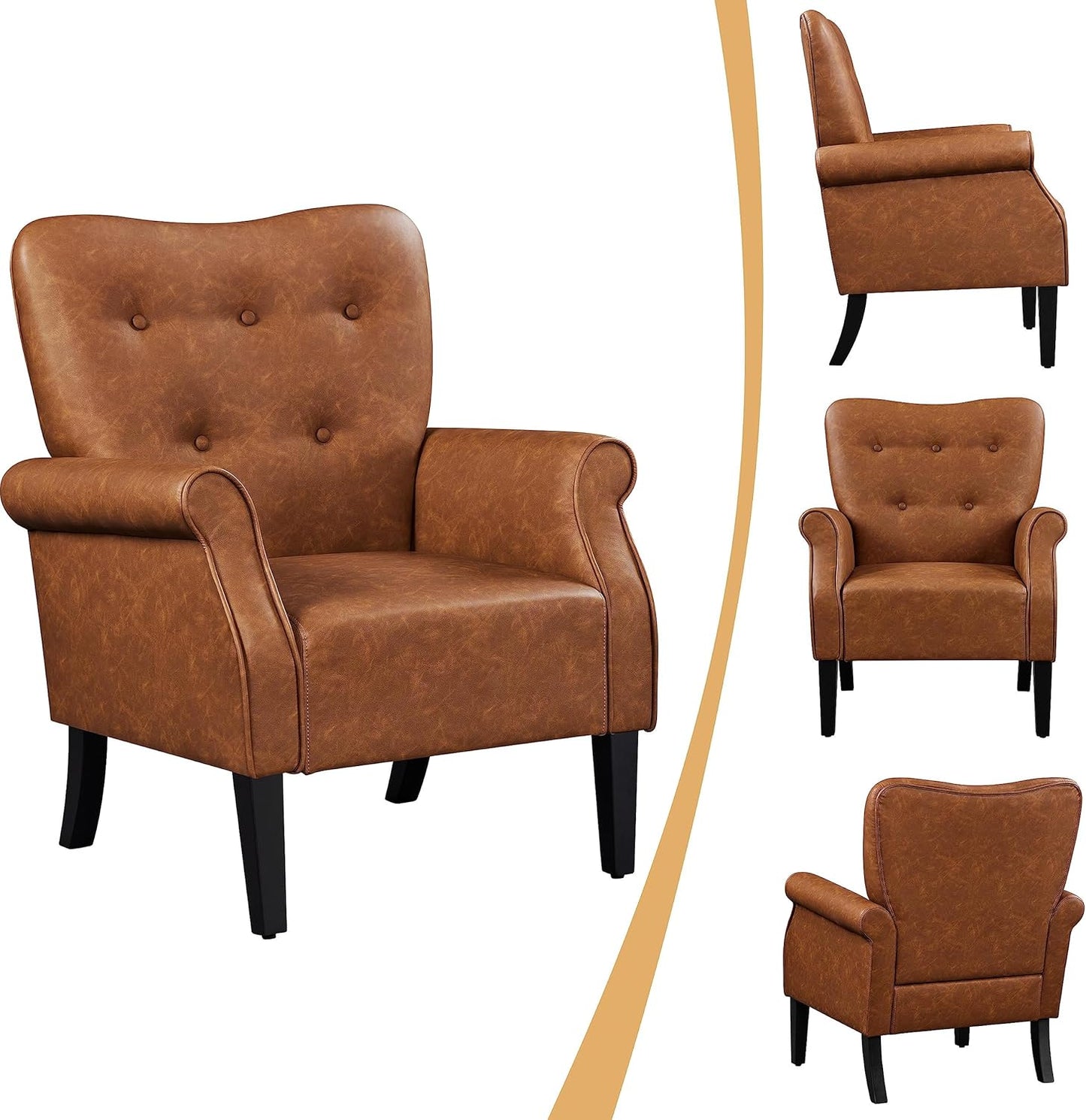 Topeakmart Fabric Accent Chair, Modern PU Leather Armchair with Wooden Legs, High Back and Comfortable Cushioned Seat for Living Room Bedroom Retro Brown 2 Piece