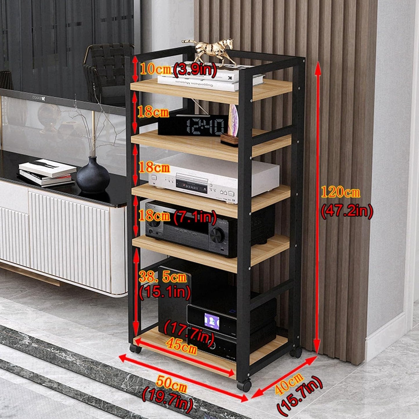 5-Tier Movable Audio/Video Media Stand Center CD Player Stand Stereo Component Storage Cabinet Audio Tower with Height Adjustable Wooden Shelf for Home/Office/Theater,A