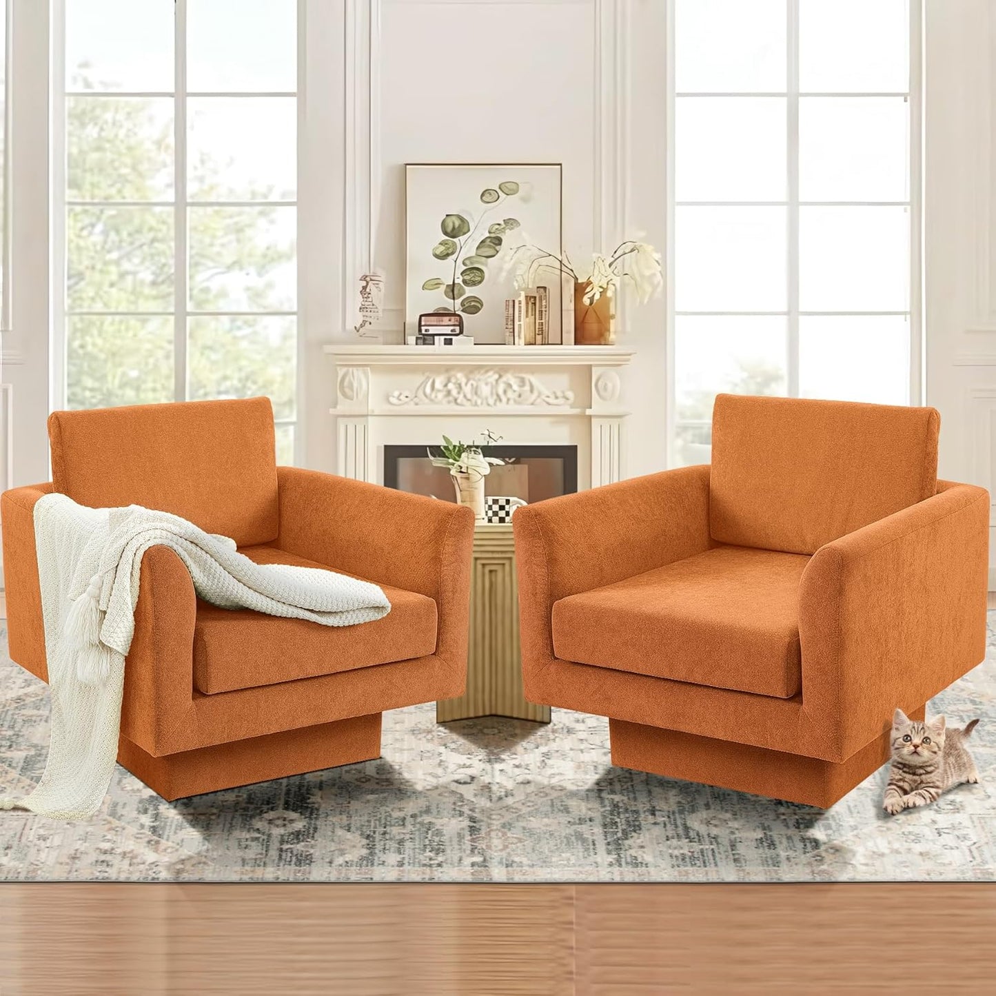 Swivel Accent Chair Set of 2, Modern Swivel Barrel Chair Sofa, Wide Upholstered Armchair with Back Pillow for Living Room, Reading Nook, Bedroom-Cream