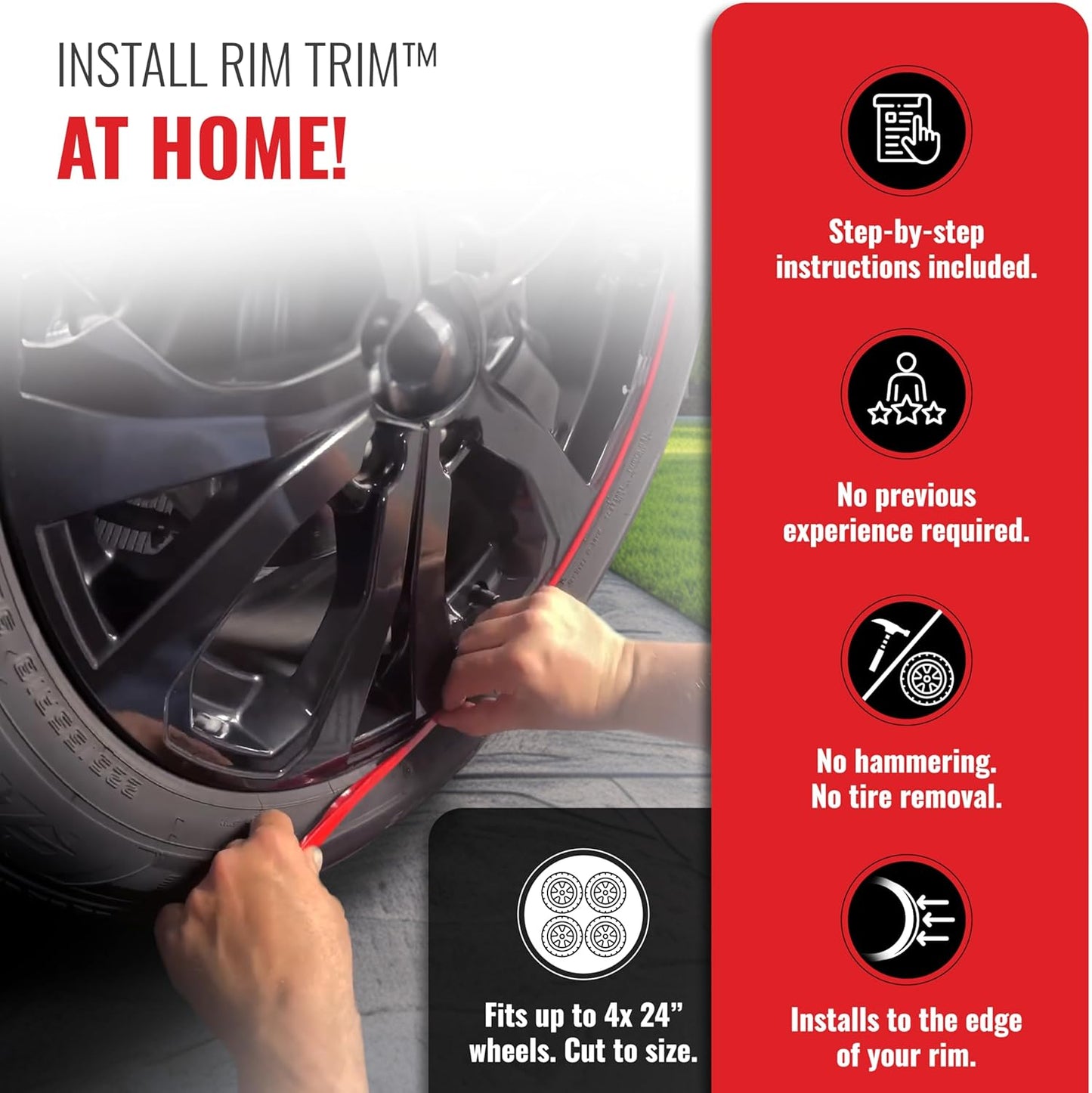 All-Fit Automotive Rim Trim – Durable DIY Car Exterior Accessories for Curb Rash Protection – Fits Up to Four 24” Wheels – Flexible, Durable Wheel Rim Protector (3/8″ width/Red)