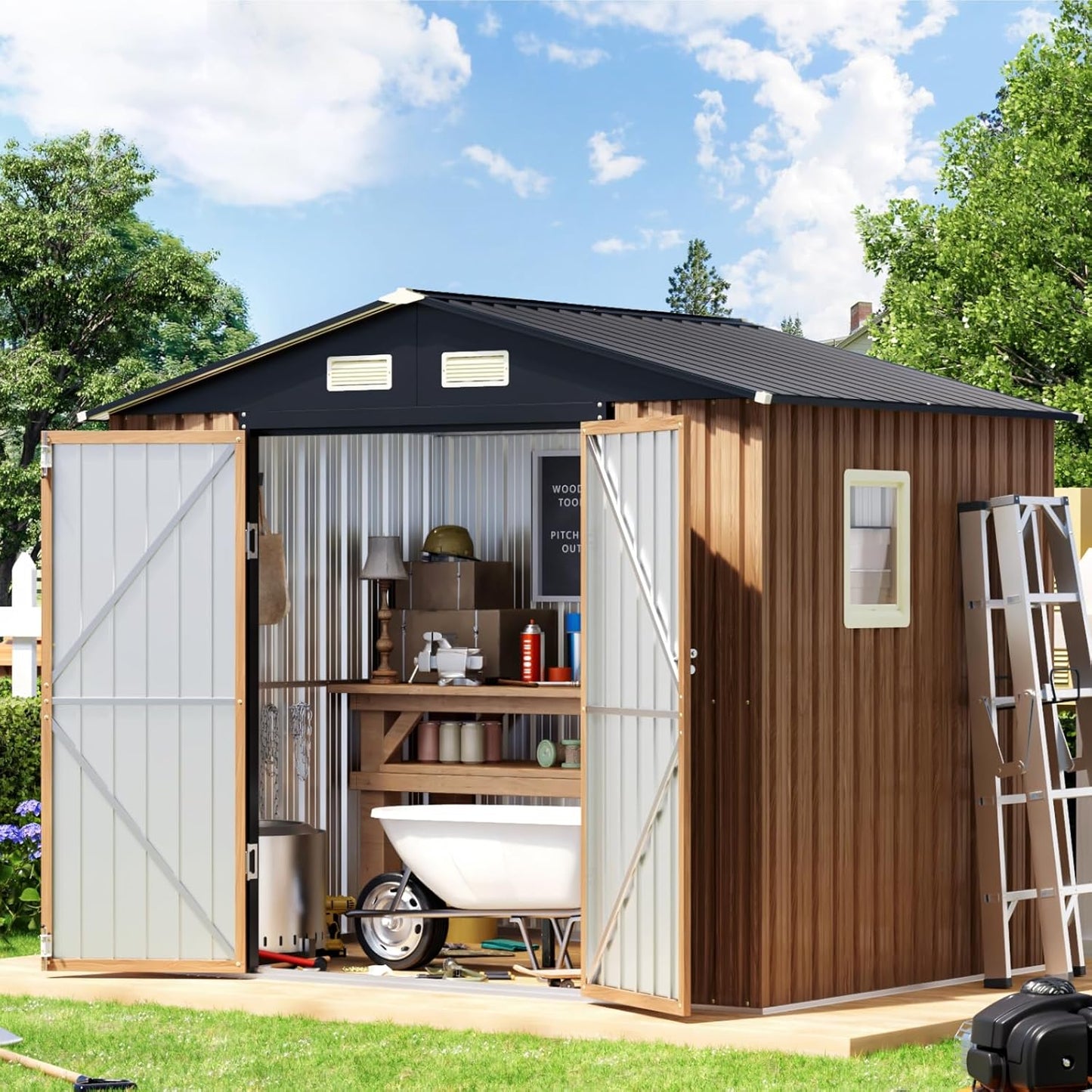 6X4FT Garden Storage Shed with Frame Floor & Lockable Door,Steel Tool Shed with 1 Clear Window, Anti-Corrosion Metal Shed for Backyard Patio Lawn (Light Wood Grain)