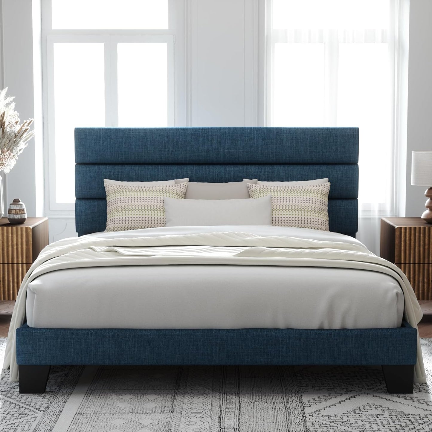 Allewie Queen Size Platform Bed Frame with Fabric Upholstered Headboard and Wooden Slats Support, Fully Upholstered Mattress Foundation/No Box Spring Needed/Easy Assembly, Dark Grey