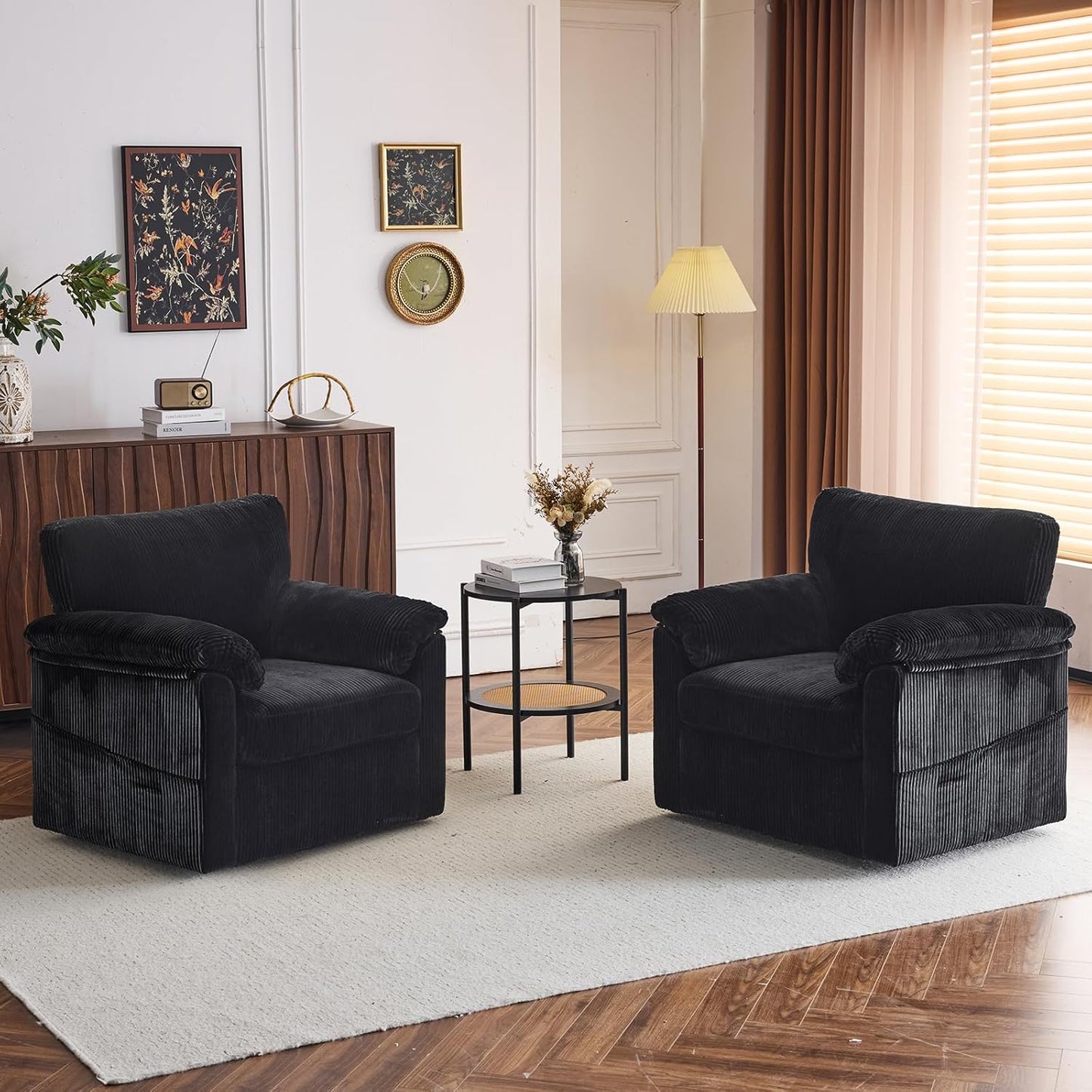Accent Chair Set of 2, White Corduroy | Compact 360° Swivel for Small Spaces, Plush Deep-Cushioned Reading Chair