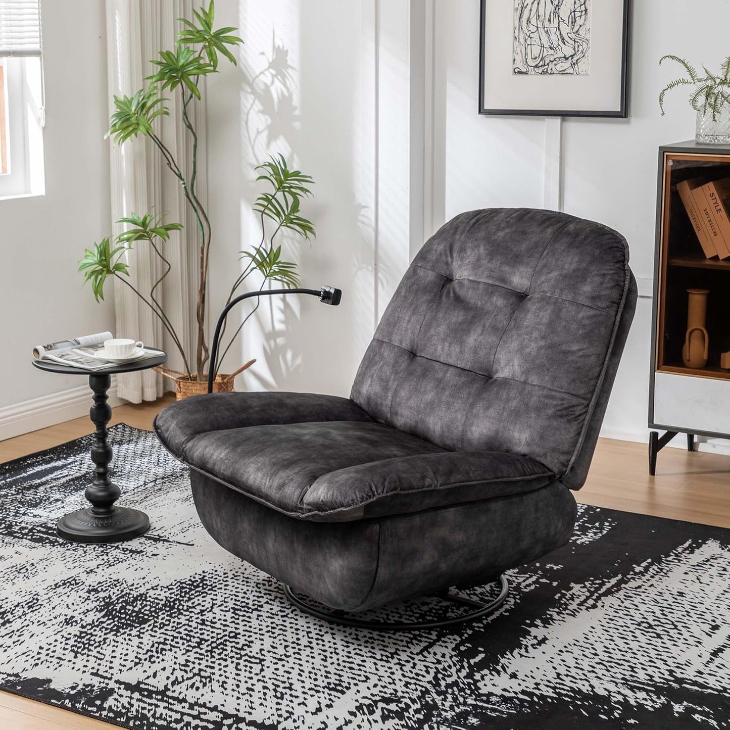 Velvet Oversized Round Chair,Chaise Lounge Indoor with Mobile Phone Holder,Swivel Rocking Chair for Adults Modern Ergonomic Lounge for Living Room (Natural & Light Brown + Velvet + Cotton)