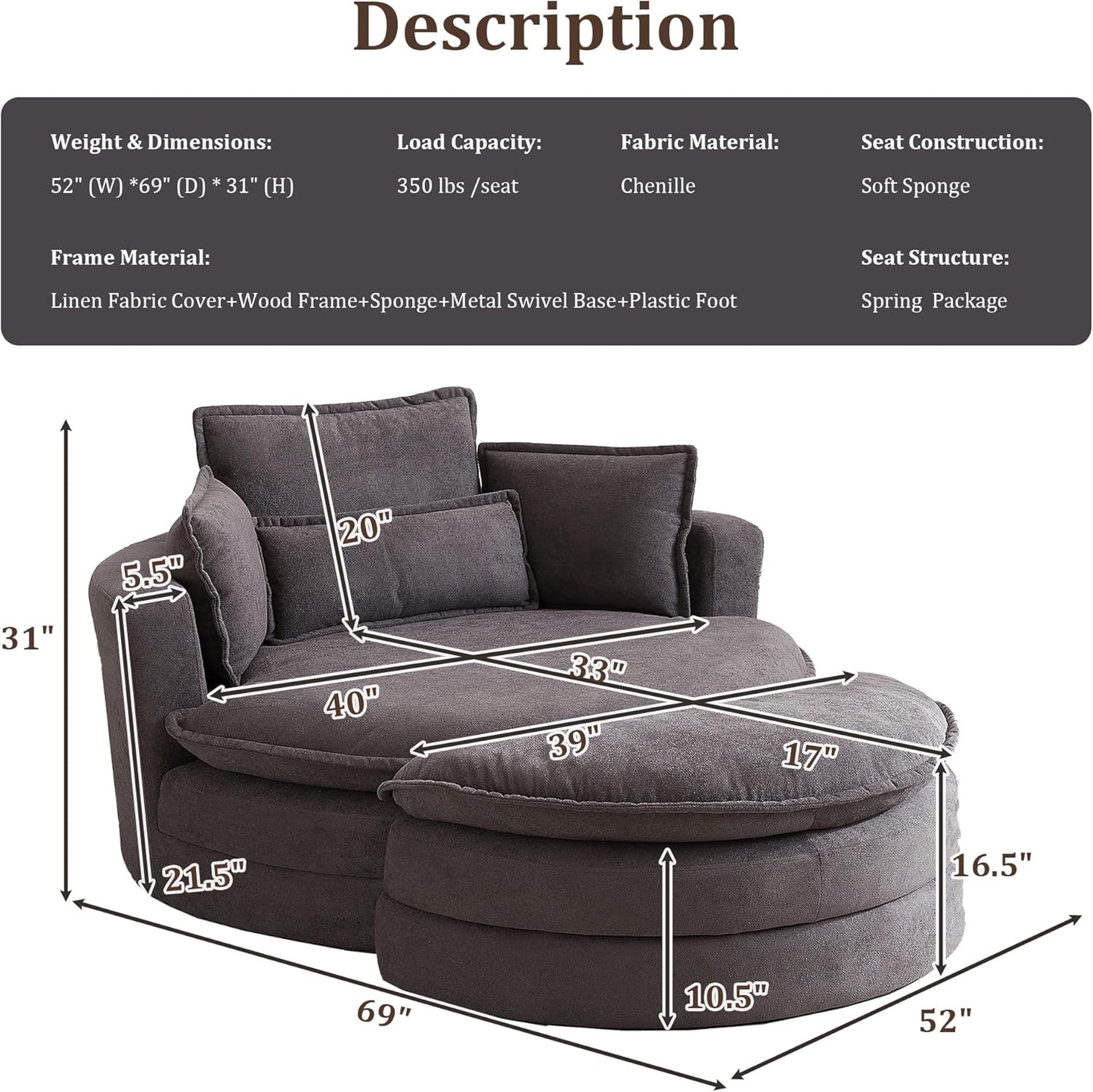 52'' Accent Swivel Barrel Chair with Storage Ottoman,Modern Oversize Round Swivel Leisure Armchair for 4 Pillows, Chenille Fabric for Living Room,Hotel,Club Lounge Chair,Grey…