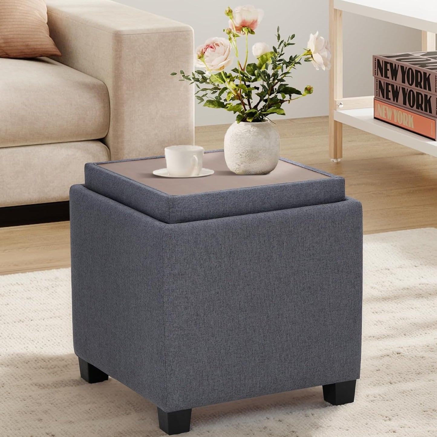 COLAMY Fabric Square Storage Ottoman with Reversible Tray Lid – Multi-Functional Footrest, Hidden Storage, Sturdy & Stylish Small Coffee Table for Living Room, Bedroom, or Entryway(Beige)