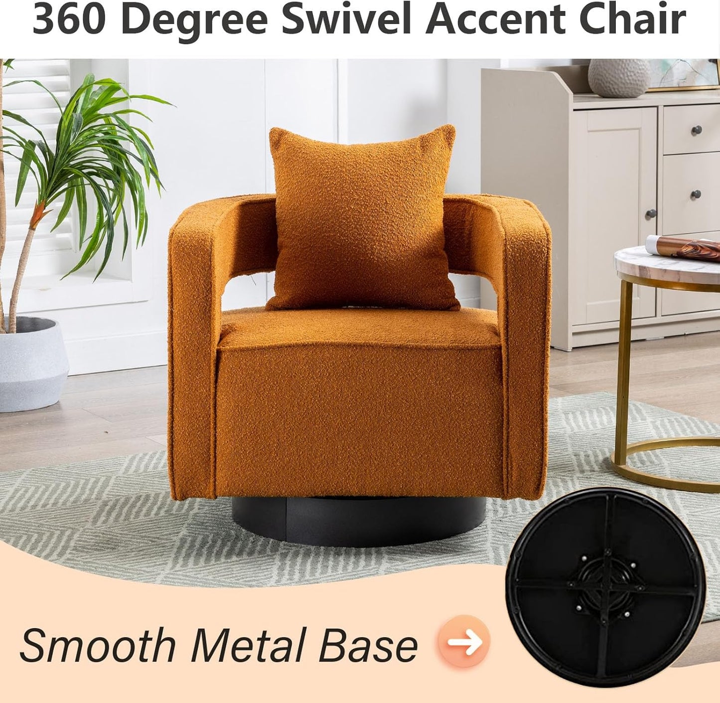 Swivel Barrel Chair Set of 2, Modern Teddy Round Accent Chairs Curved Open Back, 360 Degree Swivel Arm Chair with Pillow, Single Sofa Chair for Living Room Bedroom,Orange