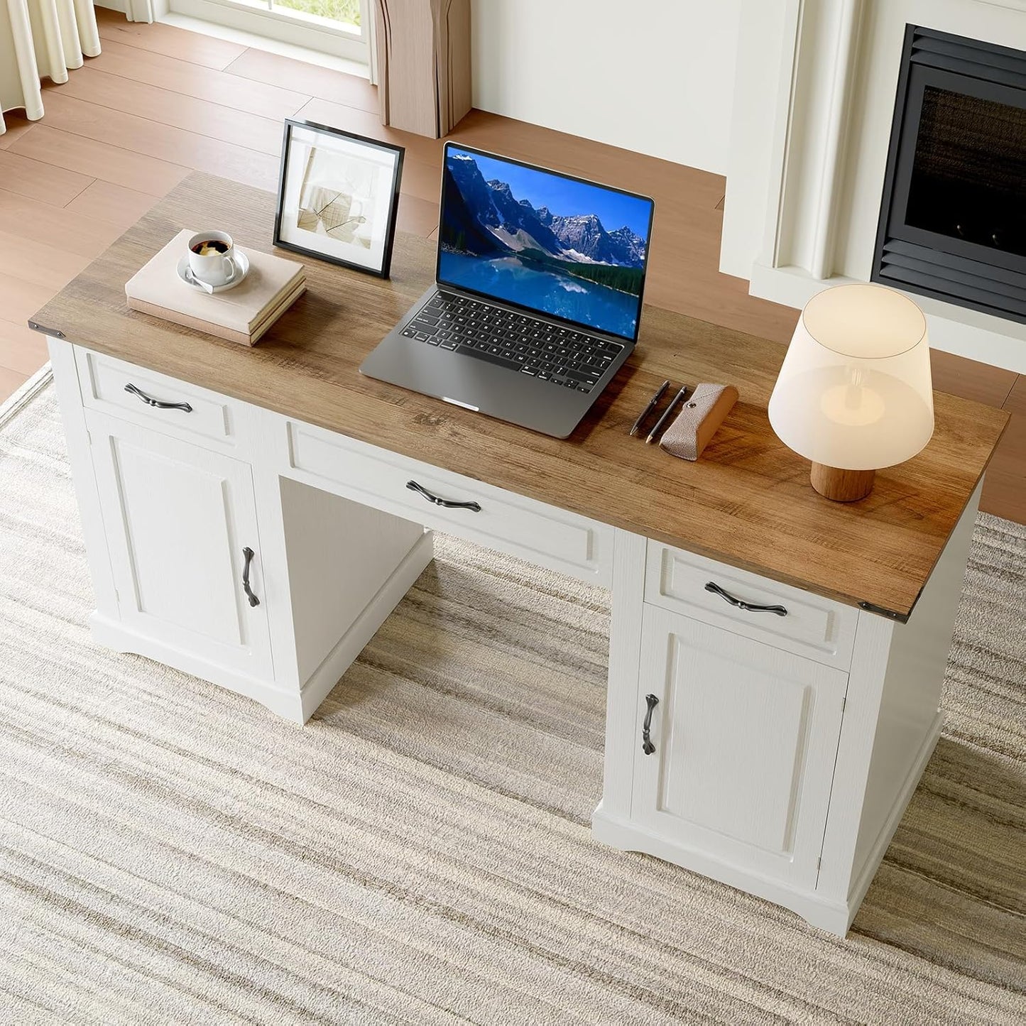 60" Executive Desk with Drawers, Farmhouse Home Office Desk with Storage Cabinets, Rustic Computer Writing Desks, Wood Computer Desks Workstation for Study and Work, Antique White