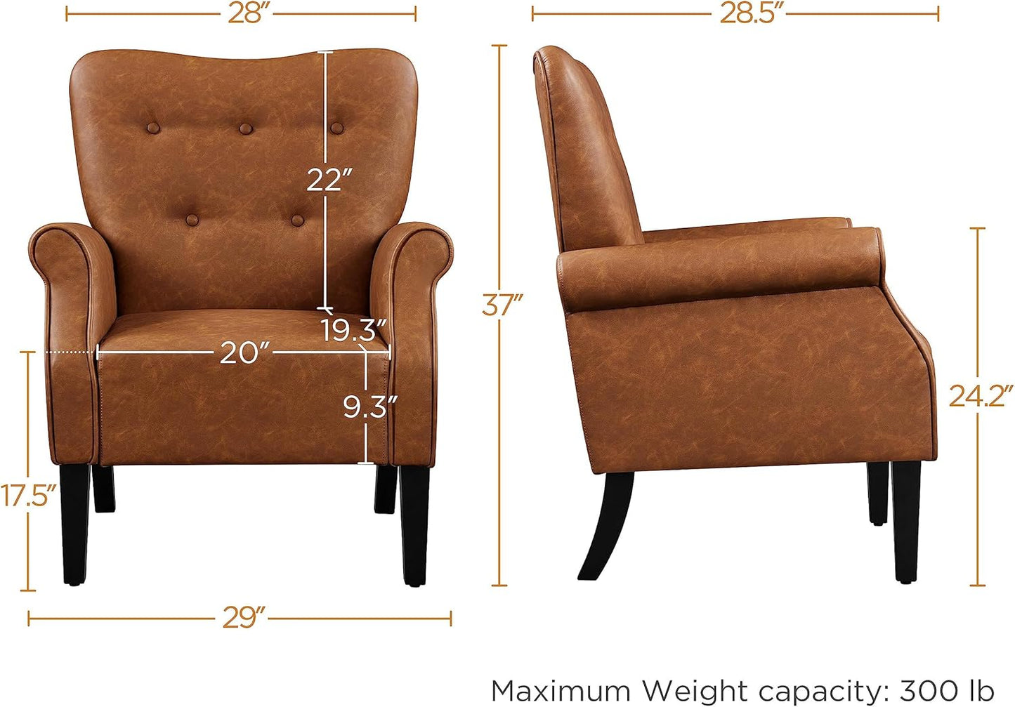 Topeakmart Fabric Accent Chair, Modern PU Leather Armchair with Wooden Legs, High Back and Comfortable Cushioned Seat for Living Room Bedroom Retro Brown 2 Piece