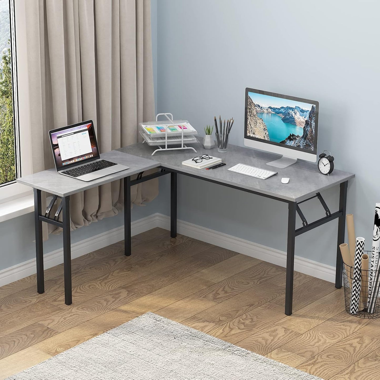 SogesGame 55 × 55 Inches Large L-Shaped Folding Desk,One-Step Assembly,Home Office Desk,Workstation,White,AC11DW-S8-US