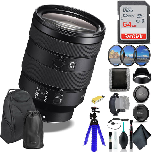 Sony FE 24–105mm F4 G OSS Standard Zoom Lens (SEL24105G/2) – Full-Frame E-Mount | Constant F4 Aperture | Filter Kit, Backpack, 64GB Card, Card Reader, Flex Tripod and More