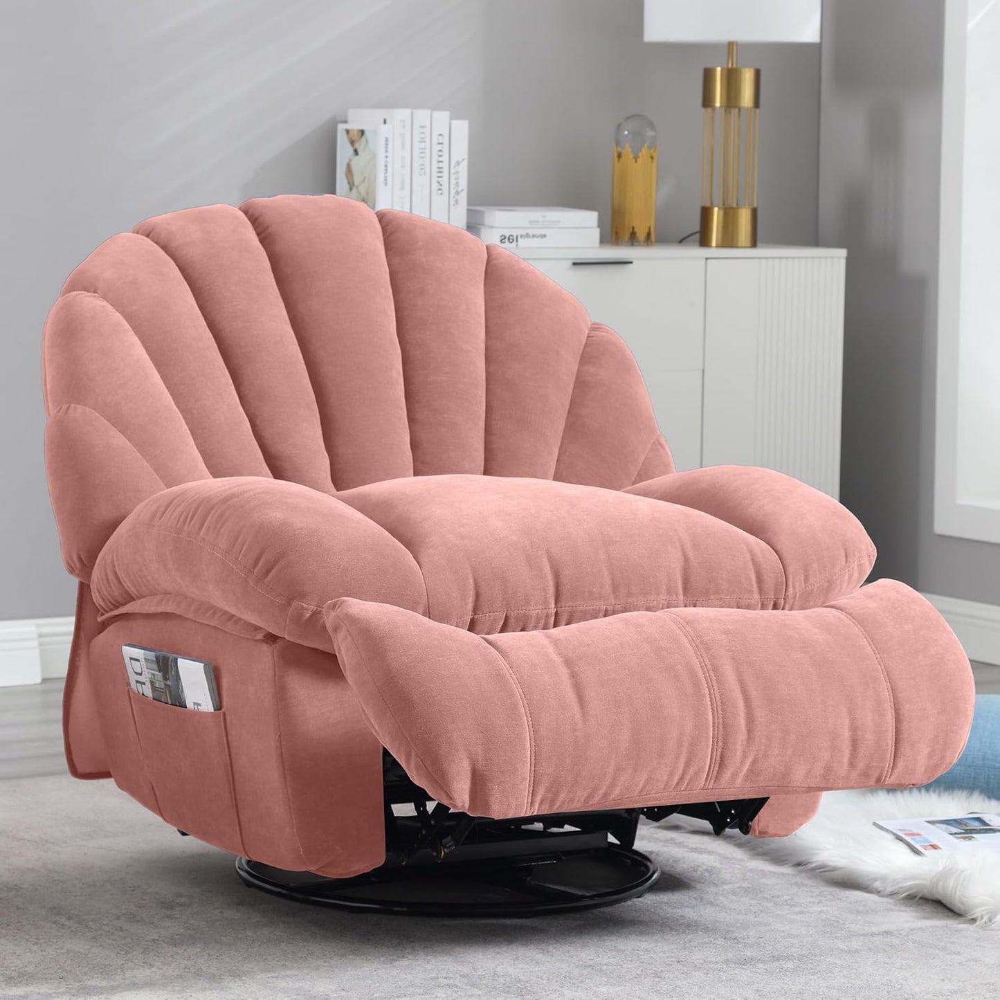 Swivel Rocker Recliner Chair for Living Room – 360° Silent Rotation, Adjustable Backrest 110°-150°, Soft Fabric, Shell Backrest, Large Side Pockets, 330lbs Capacity (Regular Model, Pink)