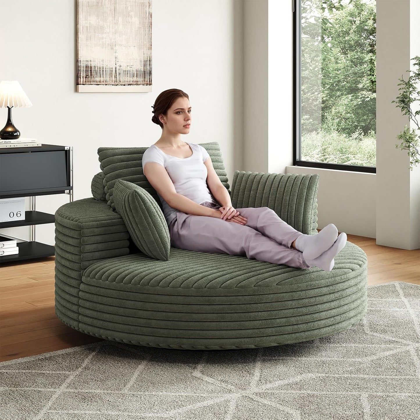 55 inch 360° Swivel Accent Chair, Chaise Lounge Chair Indoor Oversized Round Swivel Accent Chair Modern Corduroy Single Sofa Chair Deep Seat Chair for Living Room Bedroom Apartment, Grey