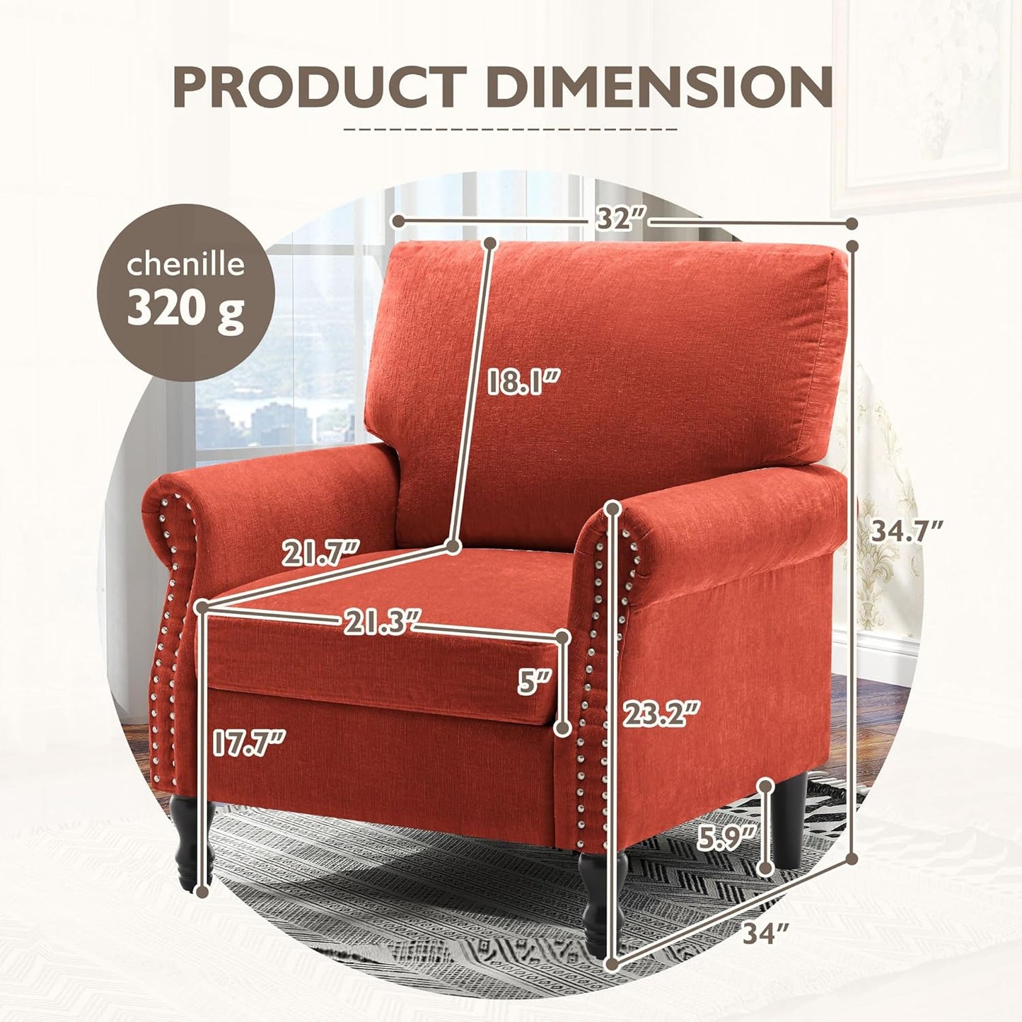 Accent Chair, High Back Upholstered Armchair with Solid Legs, Leisure Single Sofa Chair for Living Room, Bedroom, Home Office(Tangerine,All Senson)