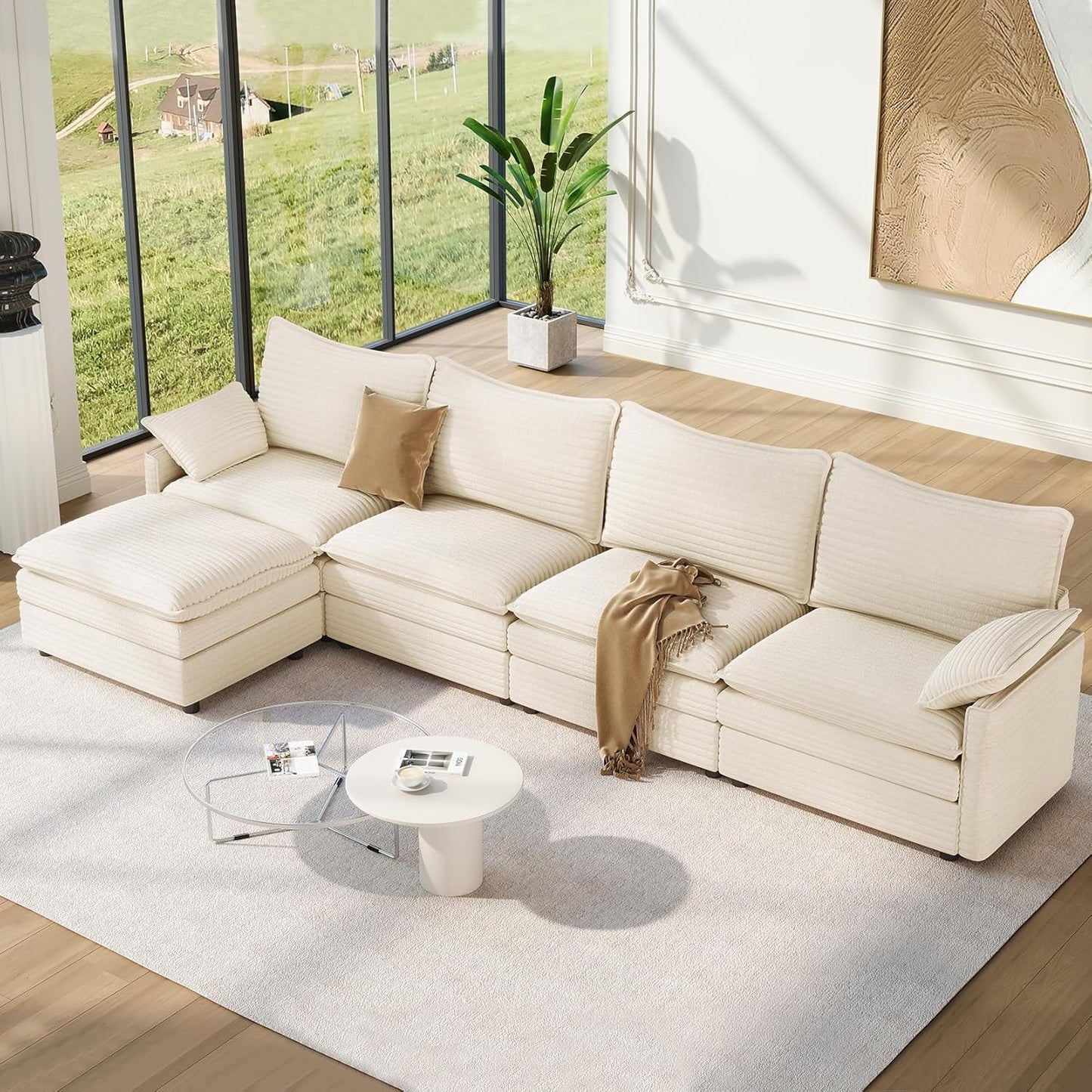Vesgantti 108" Modular Sectional Sofa, Comfy Cloud Couch with Movable Ottoman Deep Seat Chenille L Shaped Modular Sofa, Sectional Couches for Living Room, Bedroom and Apartment, Beige