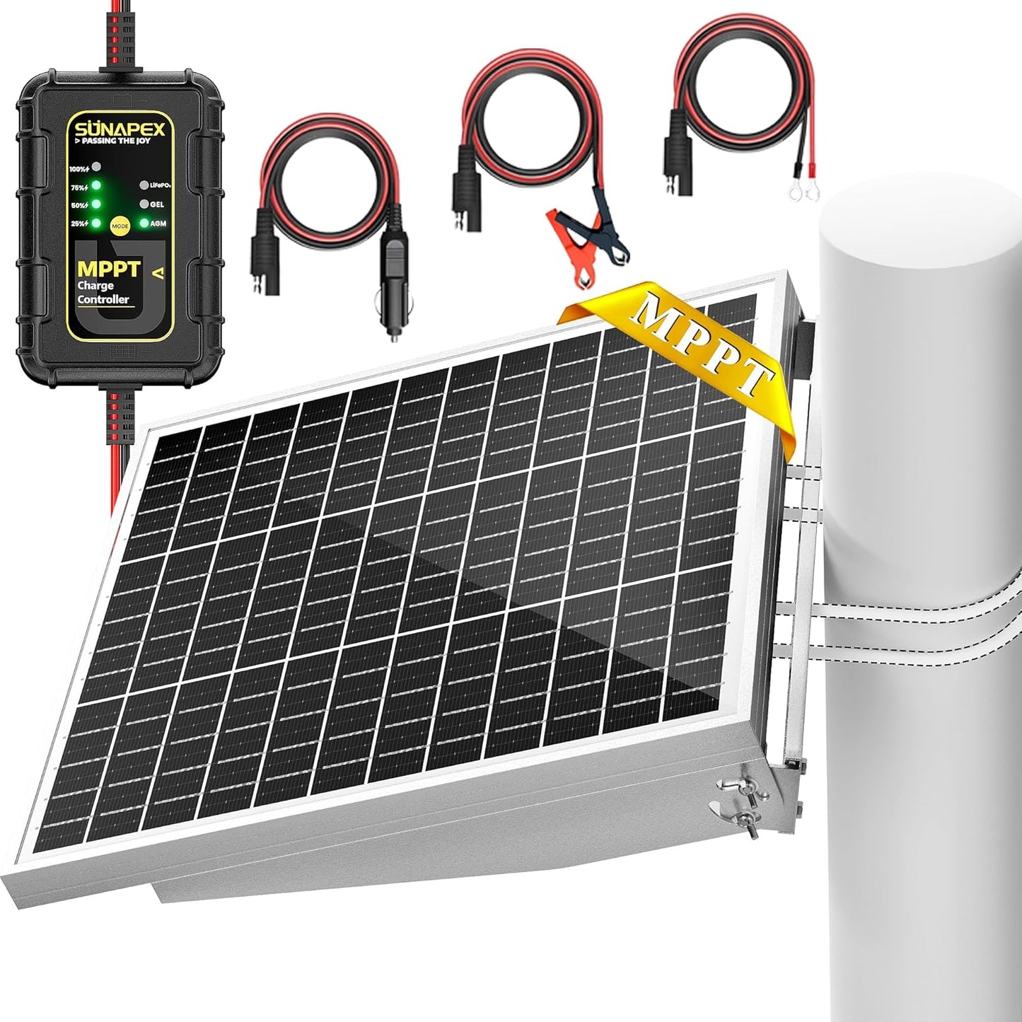 SUNAPEX 12V Solar Battery Charger: 25W Waterproof Solar Panel Kit- Aluminum Trickle Charger for Car Battery with MPPT Controller - Battery Tender Motorcycle Boat Marine RV Trailer Tractor Truck
