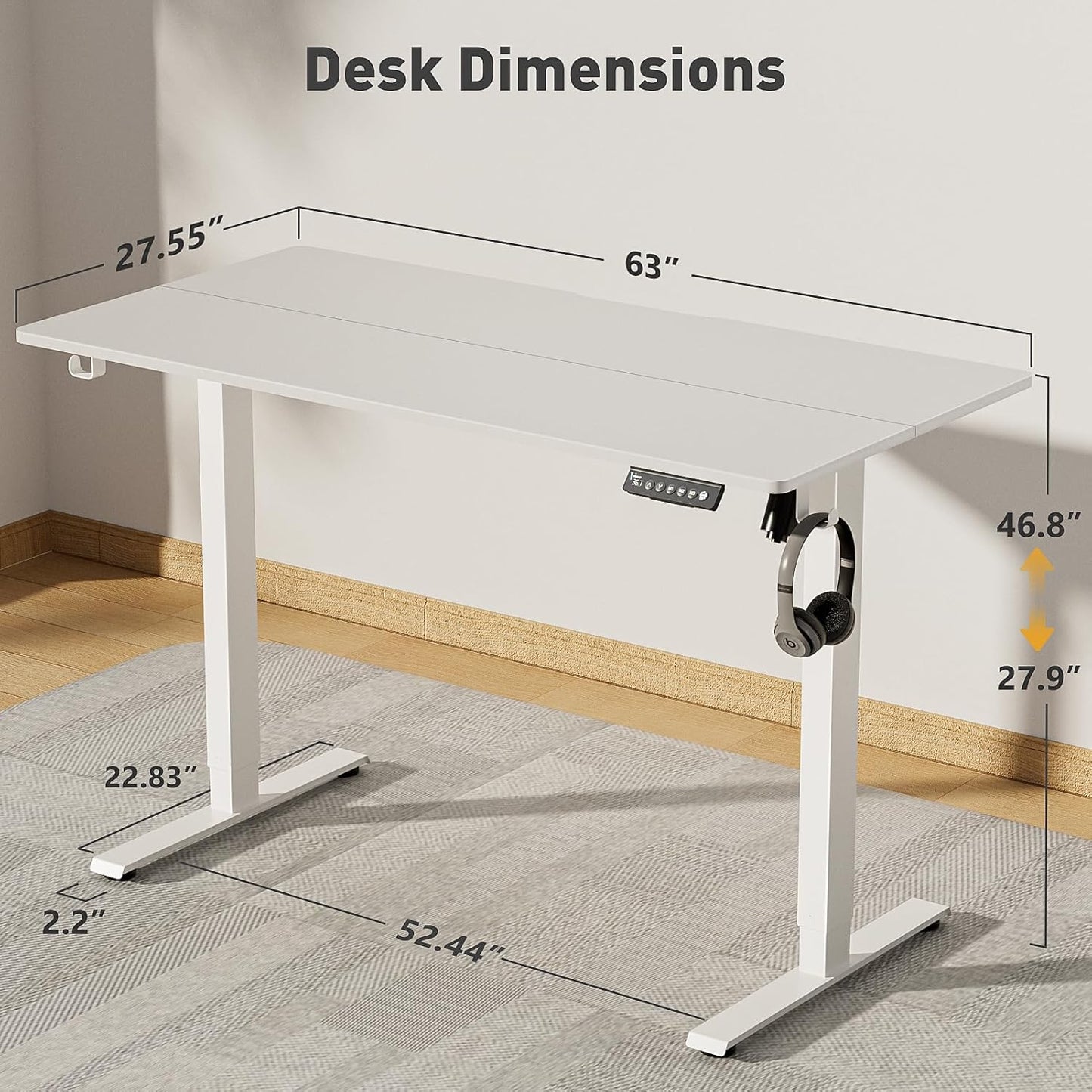 63 x 28 Inch Electric Standing Desk Adjustable Height,Sit Stand Up Desk with Wheels,Home Office,Rising Desk,Computer Workstation, Gaming Work (Spliced Desktop,White)