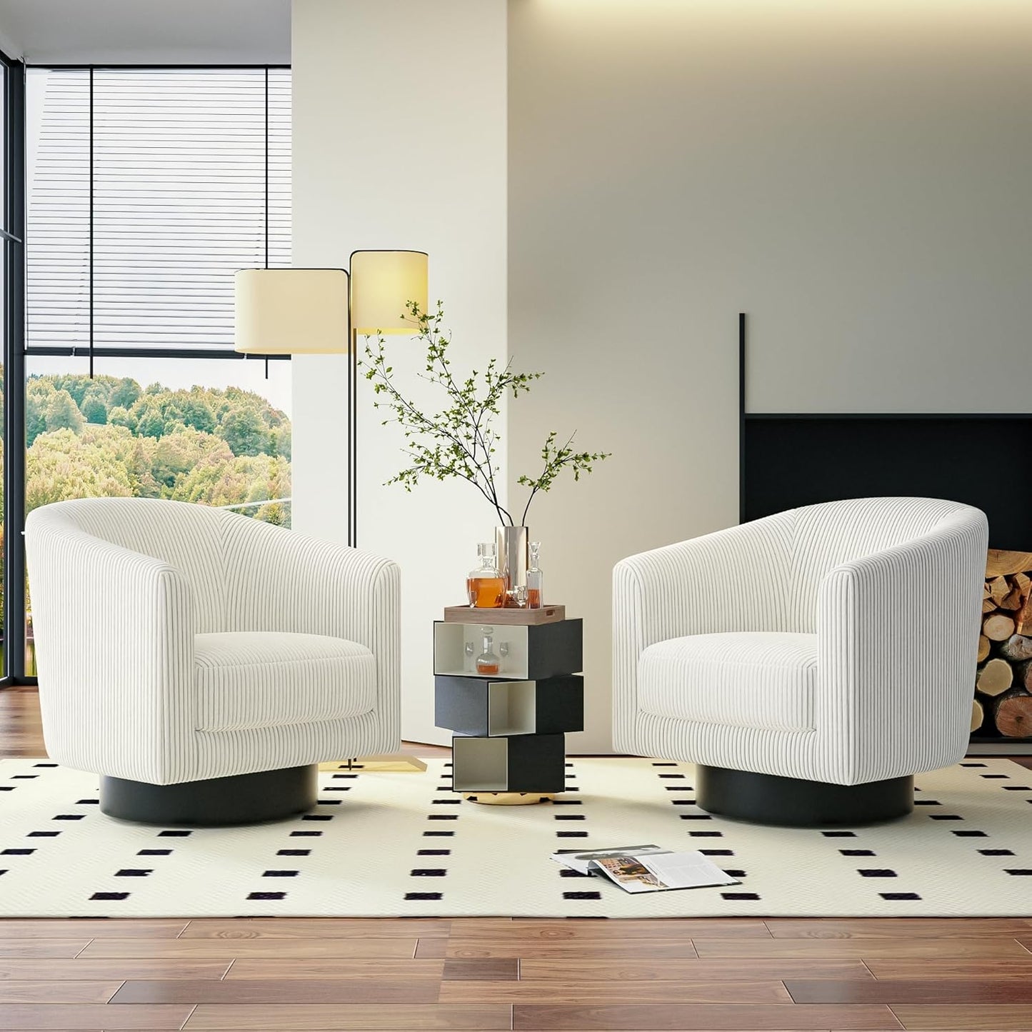 Swivel Accent Chairs Set of 2, 360° Bucket Chair, Modern Upholstered Barrel Armchair, Comfy Corduroy Single Sofa for Living Room Bedroom. Forest Green