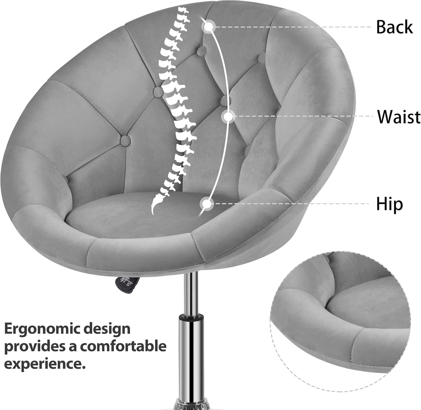Adjustable Armchair Cozy Velvet Vanity Chair with 360 Degree Swive Large Base Barstool Living Room Tub Chair Accent Chair for Dressing Room Bedroom Lounge, Grey