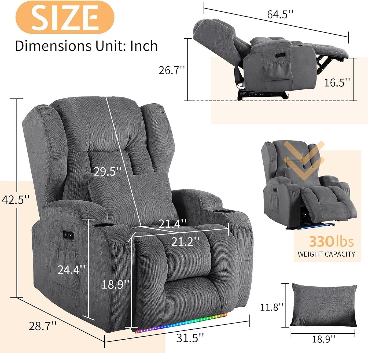 BINGTOO Electric Power Recliner Chair with Massage & Heat - Ergonomic Wingback Lounge Sofa Chair for Living Room, Home Theater Seating & RV with LED Light/Cup Holders/USB Ports, Grey