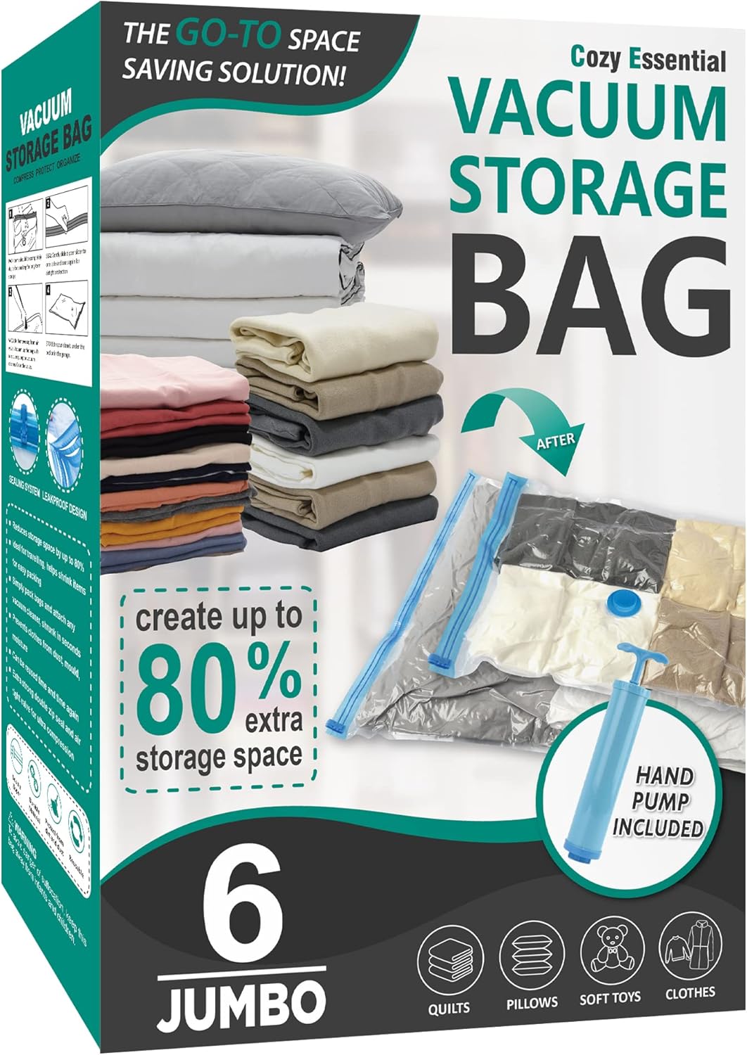 20 Pack Vacuum Storage Bags, Space Saver Bags (4 Jumbo/4 Large/4 Medium/4 Small/4 Roll) Compression for Comforters and Blankets, Sealer Clothes Storage, Hand Pump Included