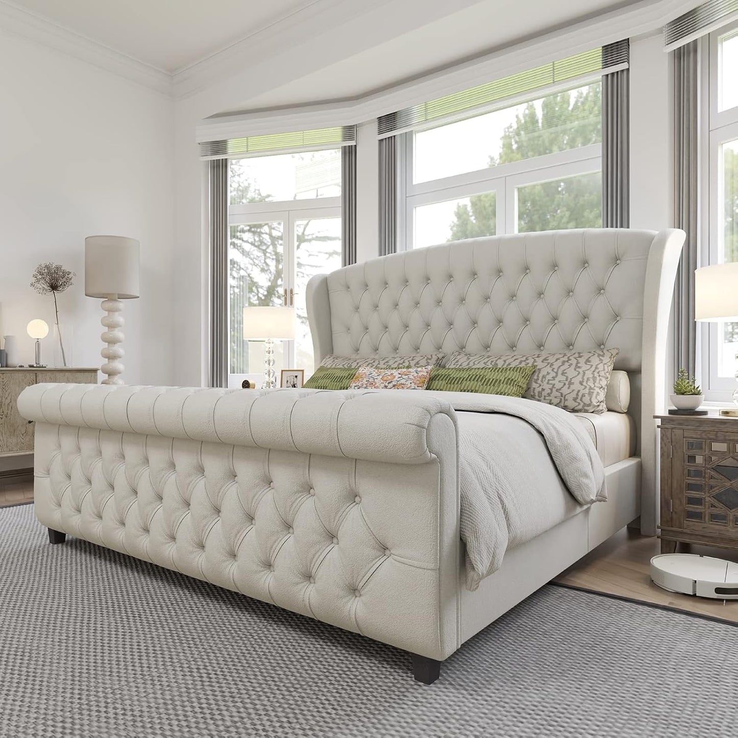 AMERLIFE Queen Size Platform Bed Frame, Chenille Upholstered Sleigh Bed with Scroll Wingback Headboard & Footboard/Button Tufted/No Box Spring Required/Cream