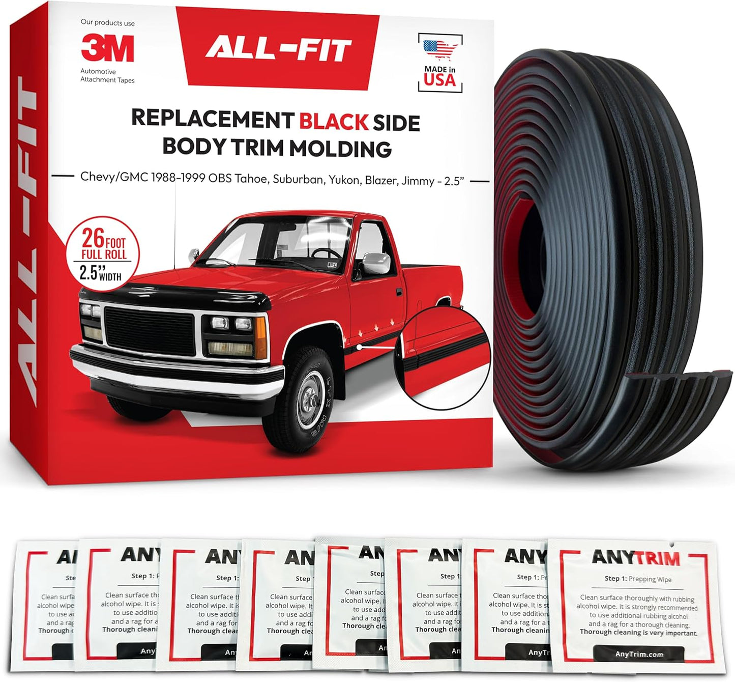 All-Fit Automotive Replacement Old Style Body Side Molding (2.5") – OEM Grade Chrome Trim fits 88-99 Chevy Tahoe, GMC Suburban, Silverado, Yukon, Blazer, and More – Easy to Install OBS (26 Ft)