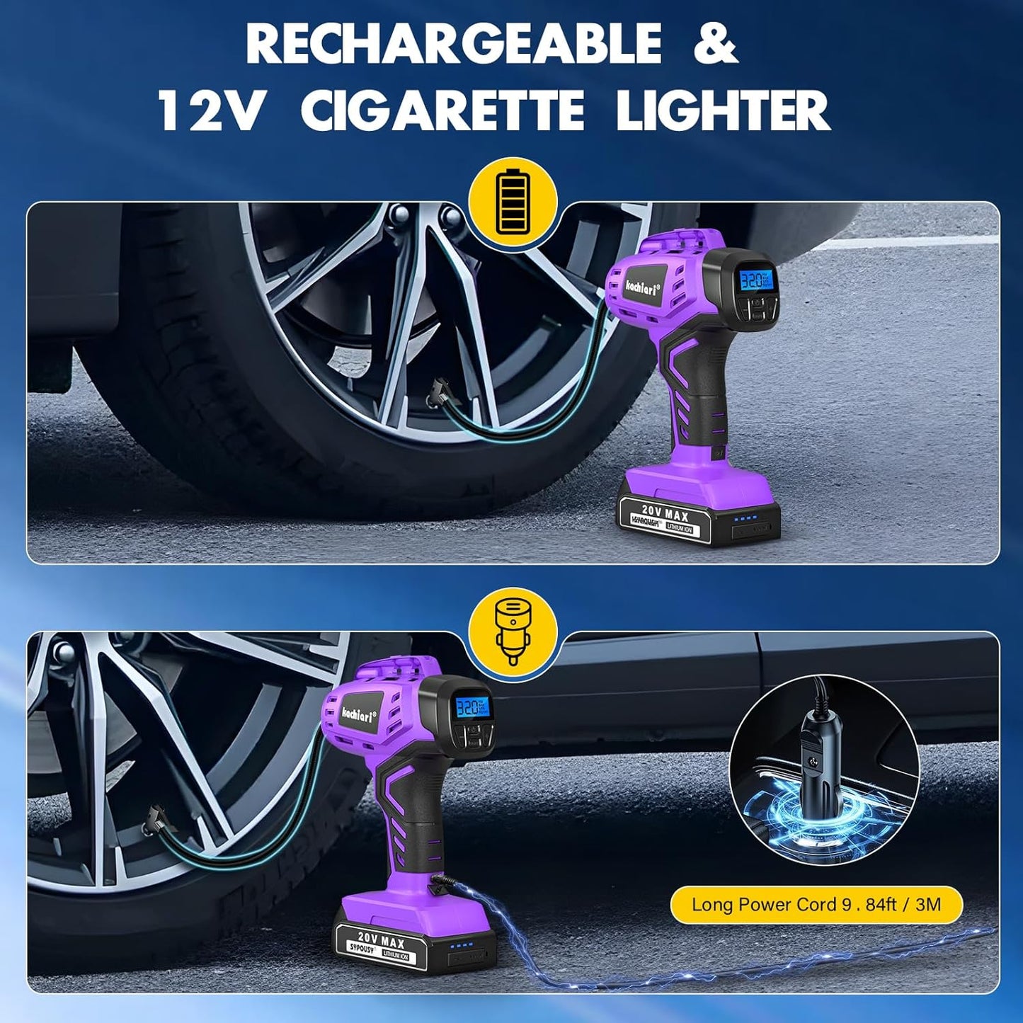 Tire Inflator Portable Air Compressor, 20V Cordless Car Tire Pump, Rechargeable Battery Powered Air Compressor w/12V DC Adapter Purple