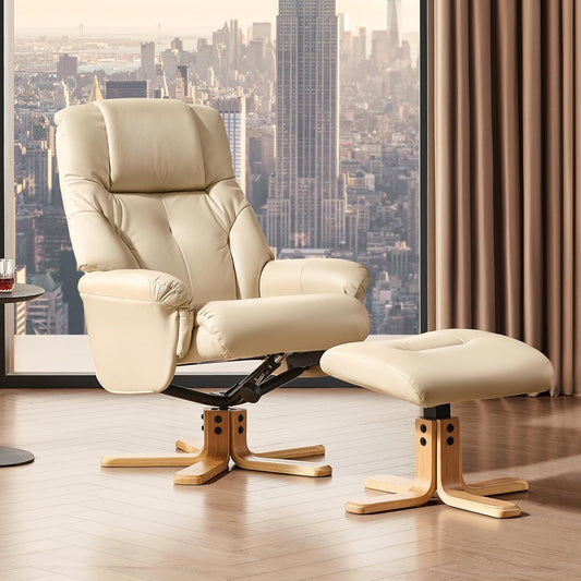 BedsPick Recliner Chair with Ottoman, 360° Swivel Reclining for Living Room Bedroom Office Rv Small Space, Comfy Modern Accent Arm Chairs, Faux Leather (Beige)