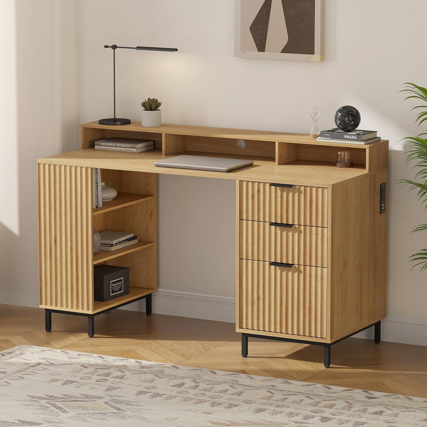55'' Fluted Executive Desk with Drawers, Modern Home Office Computer Desk with Charging Station, File Drawer, Monitor Stand, Storage Shelf for Work Writing Study, Natural Oak