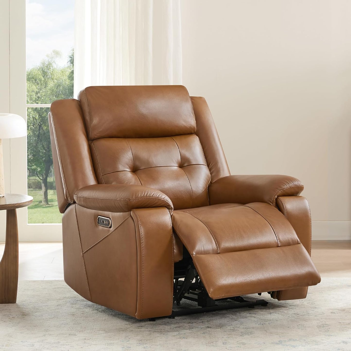 Watson & Whitely Genuine Leather Power Recliner Chair for Adults, Wall Hugger Recliner with Power Headrest, Cup Holders & Charging Ports, Electric Reclining Chairs for Living Room, RV, Saddle Brown