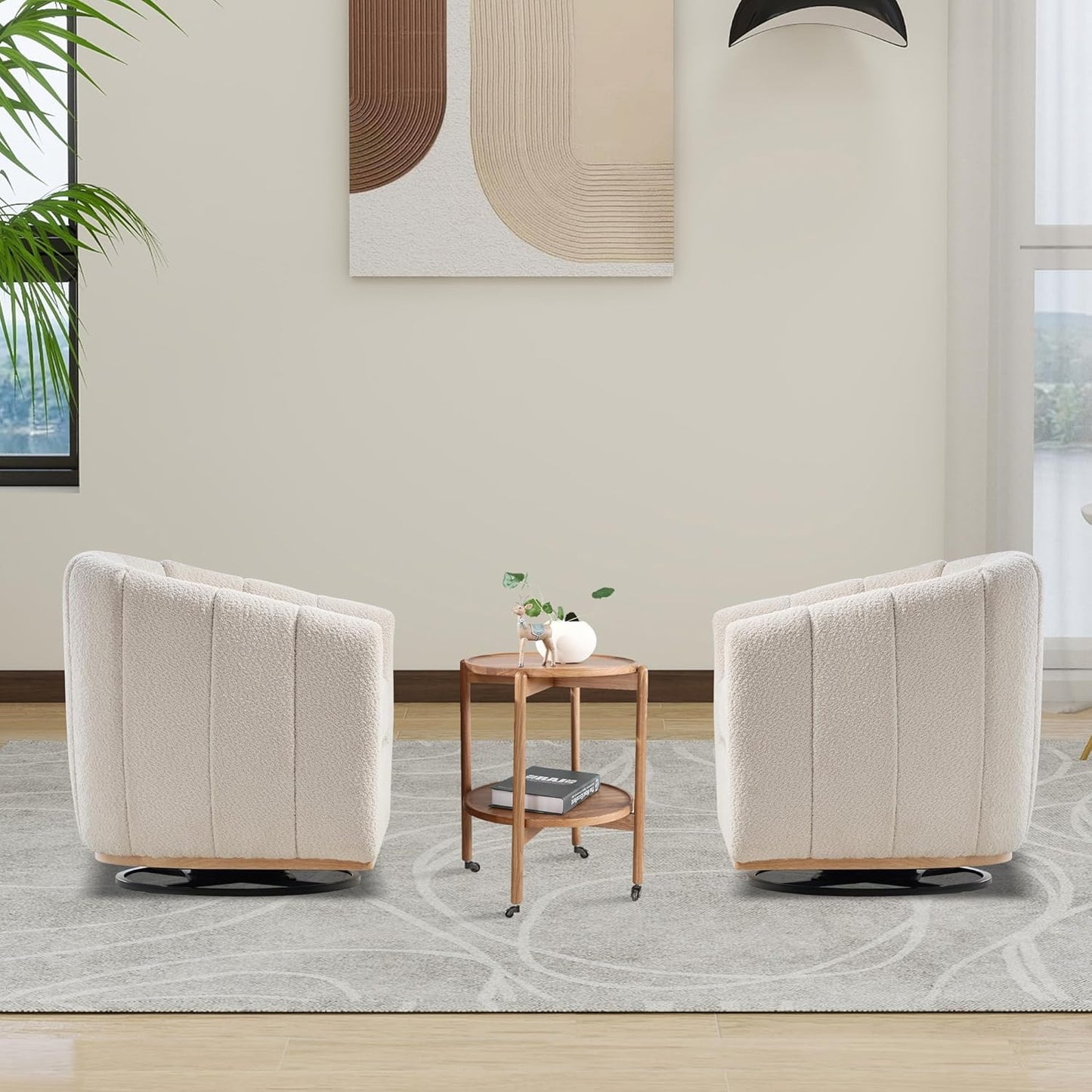 Aoiy & Wifon 32.33" W Swivel Accent Barrel Chair, Round Living Room Swivel Chair, Boucle, Ivory