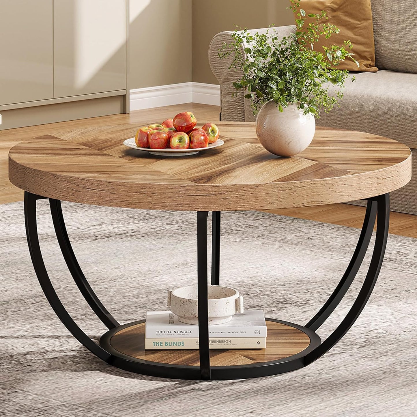 Tribesigns Round Coffee Table, 31.7" Wooden 2-Tier Circle Coffee Table with Storage Shelves, Modern Accent Cocktail Table Center Table for Living Room, Rustic Brown
